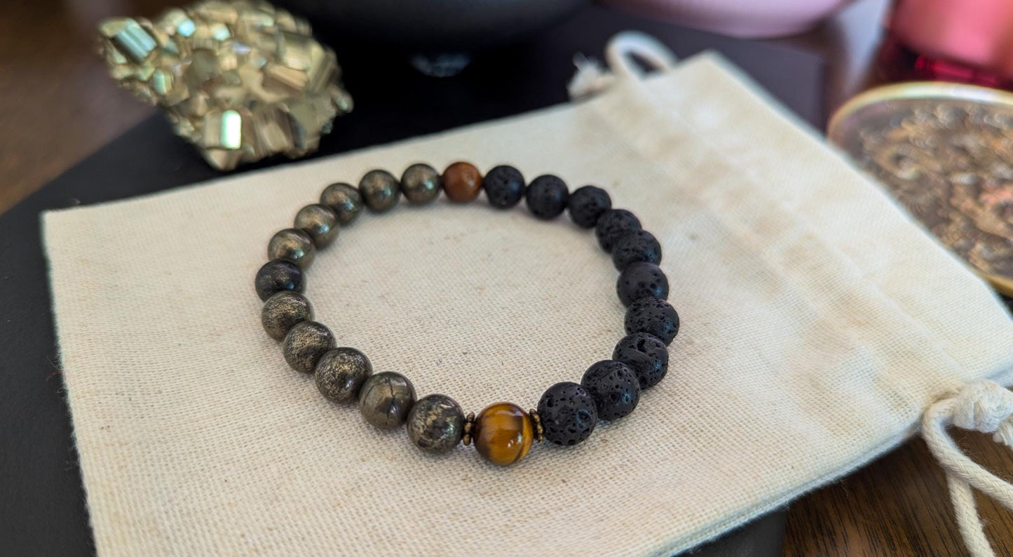 Lava Rock, Pyrite & Tiger's Eye Wrist Mala and Pocket Mala Set Reiki-Infused Bracelet for Strength, Protection and Grounding