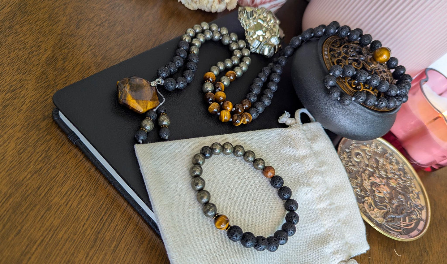 Lava Rock, Pyrite & Tiger's Eye Wrist Mala and Pocket Mala Set Reiki-Infused Bracelet for Strength, Protection and Grounding