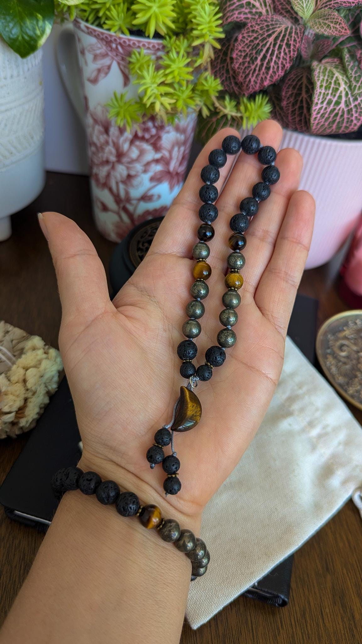 Lava Rock, Pyrite & Tiger's Eye Wrist Mala and Pocket Mala Set Reiki-Infused Bracelet for Strength, Protection and Grounding