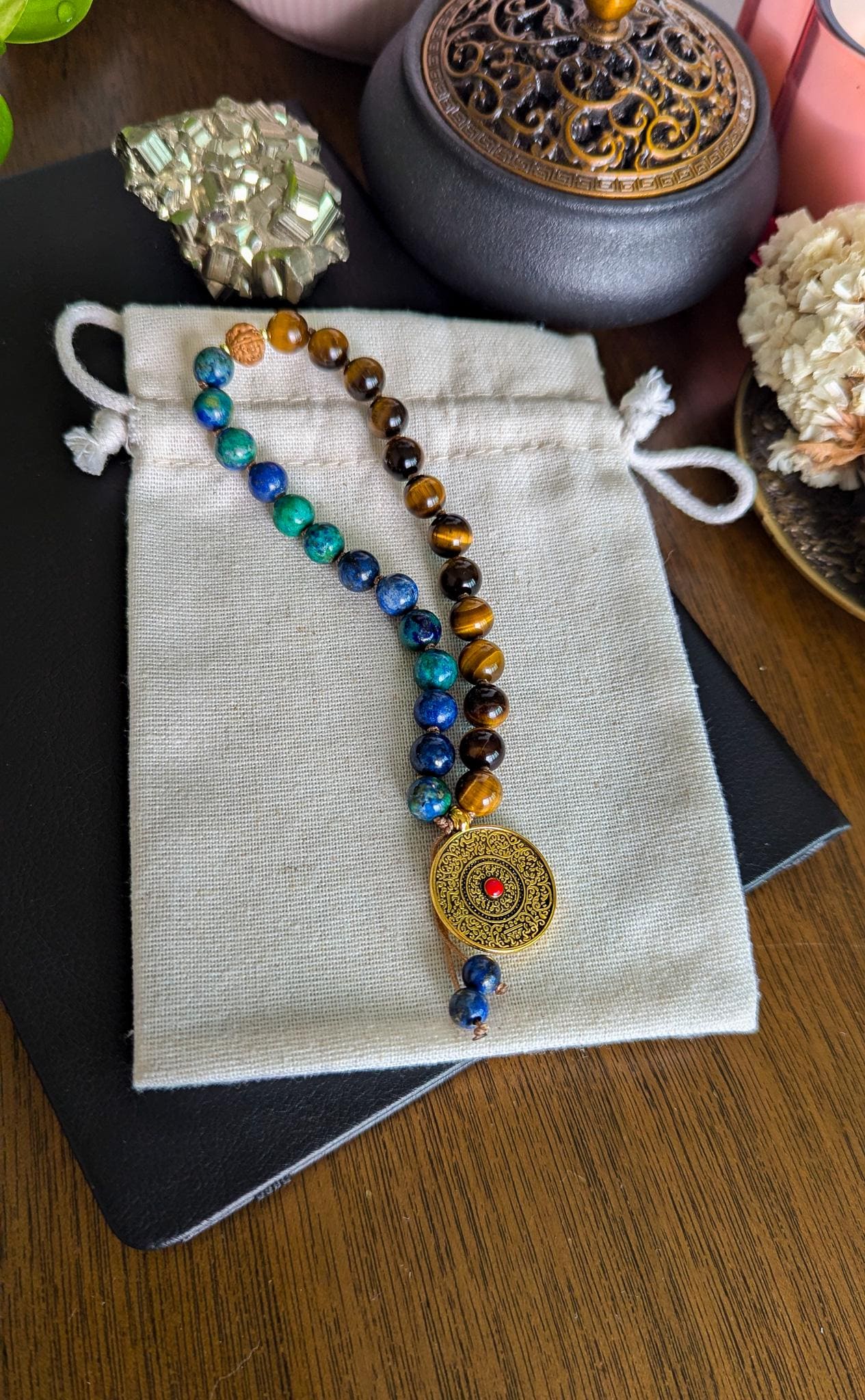 Azurite & Tiger's Eye Mala Set 27-Bead Pocket Mala and Wrist Mala Bracelet | Reiki-Infused Meditation Jewelry for Yoga and Mindfulness