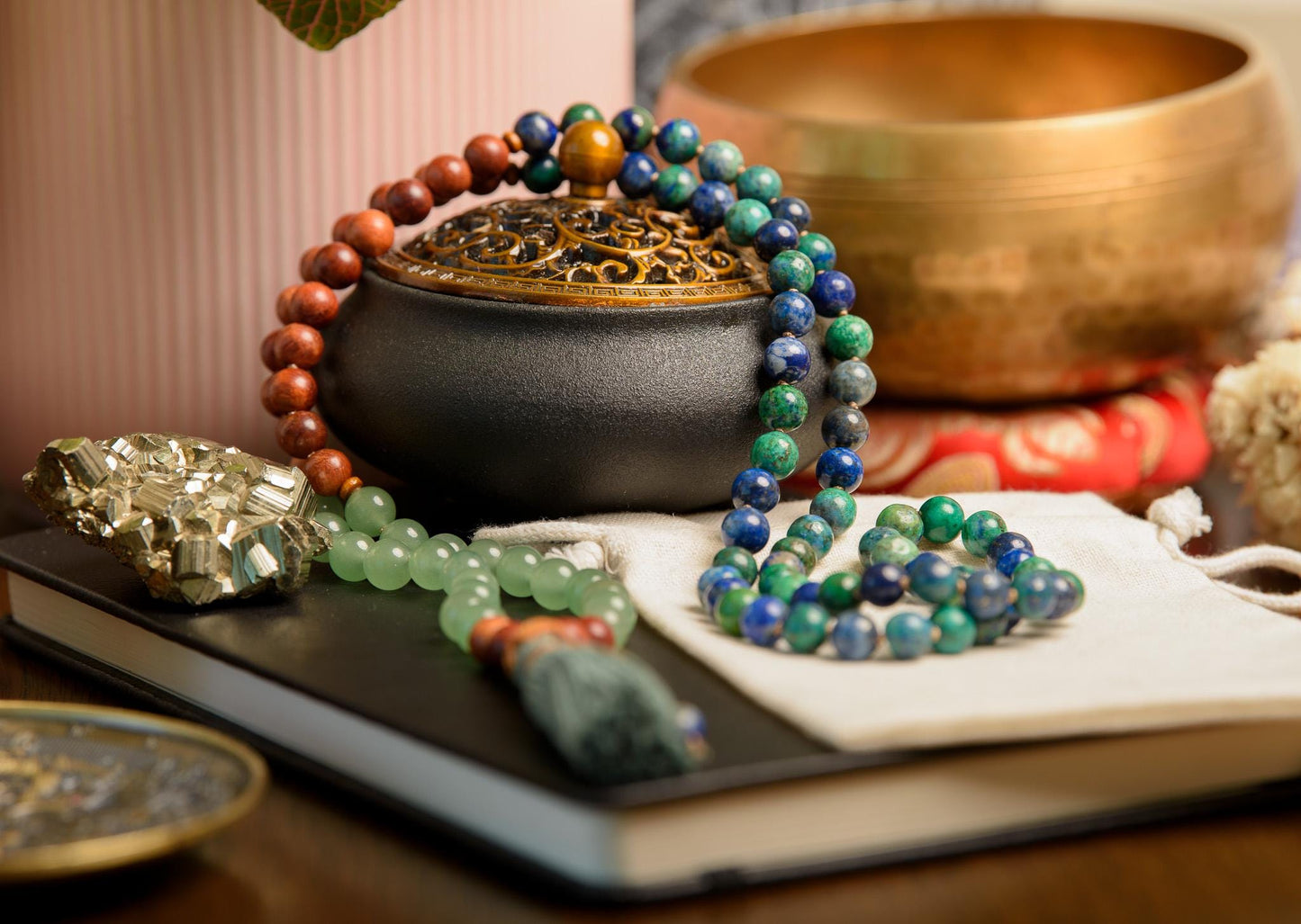 Green Aventurine, Sandalwood & Azurite Mala 108 Bead Reiki-Infused Meditation Necklace for Healing, Mindfulness and Intention Setting