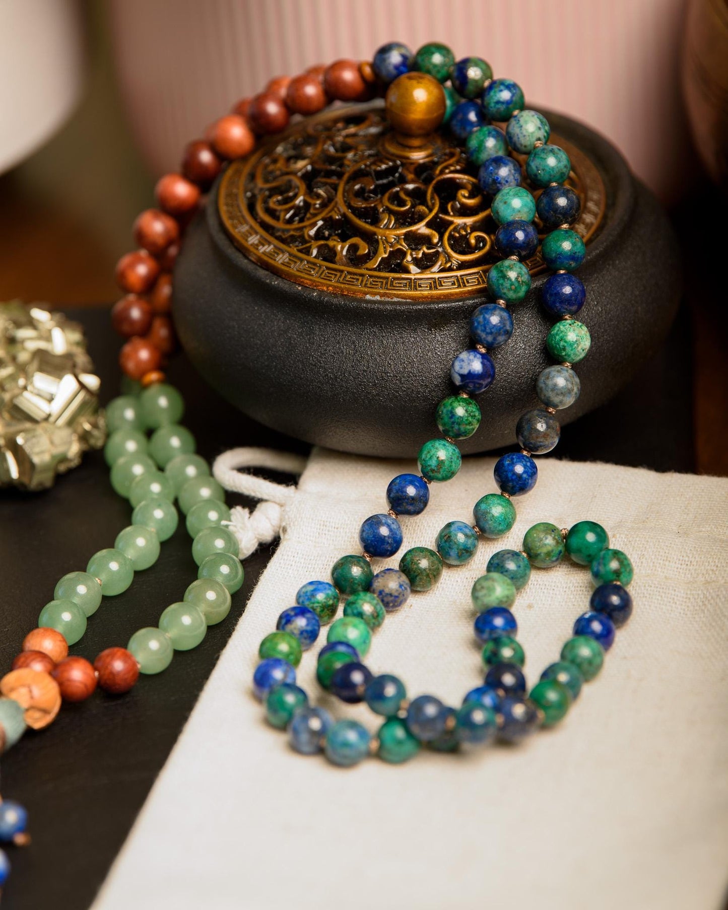 Green Aventurine, Sandalwood & Azurite Mala 108 Bead Reiki-Infused Meditation Necklace for Healing, Mindfulness and Intention Setting