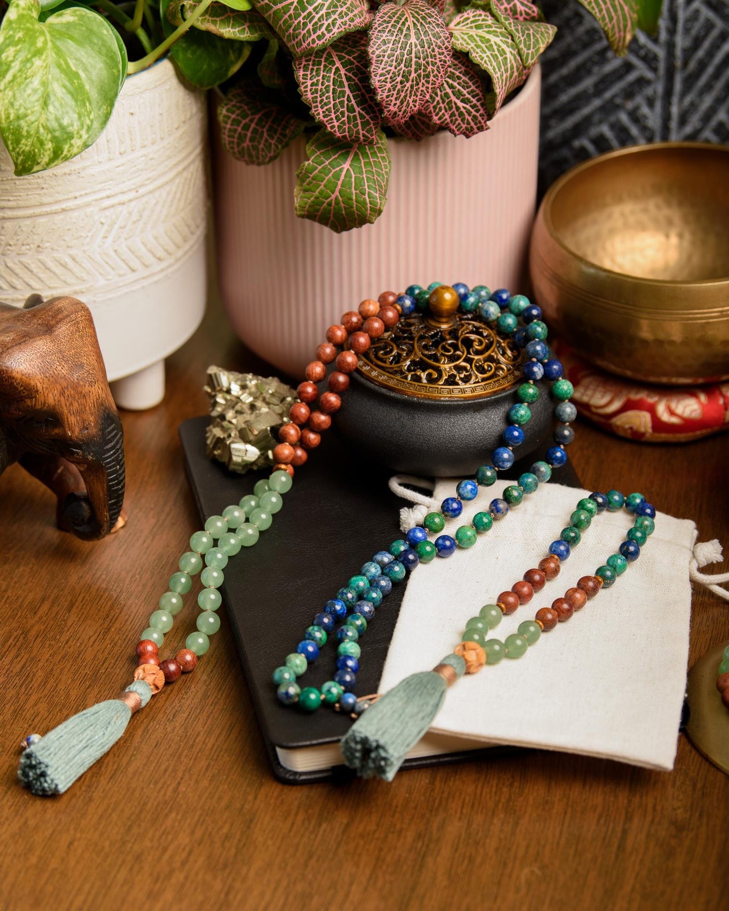 Green Aventurine, Sandalwood & Azurite Mala 108 Bead Reiki-Infused Meditation Necklace for Healing, Mindfulness and Intention Setting