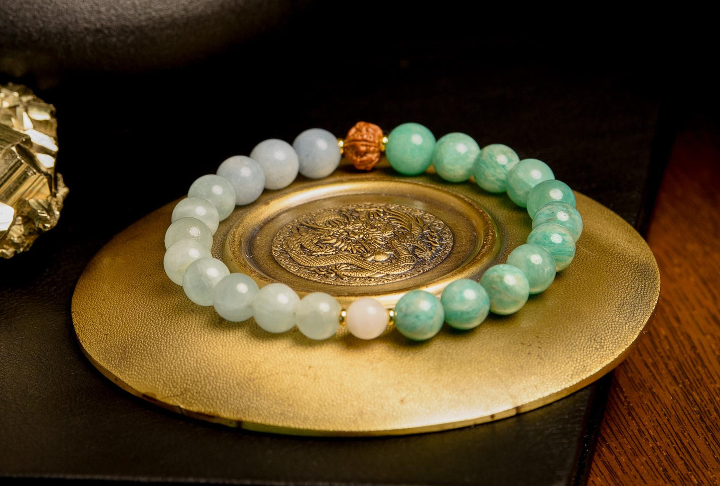 Reiki-Infused Amazonite & Aquamarine Wrist Mala Bracelet Spiritual Meditation Jewelry for Healing and Mindfulness
