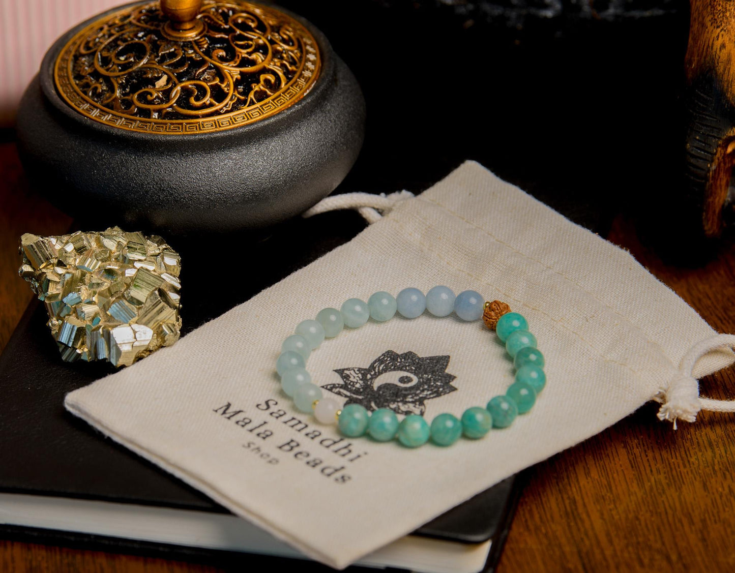 Reiki-Infused Amazonite & Aquamarine Wrist Mala Bracelet Spiritual Meditation Jewelry for Healing and Mindfulness