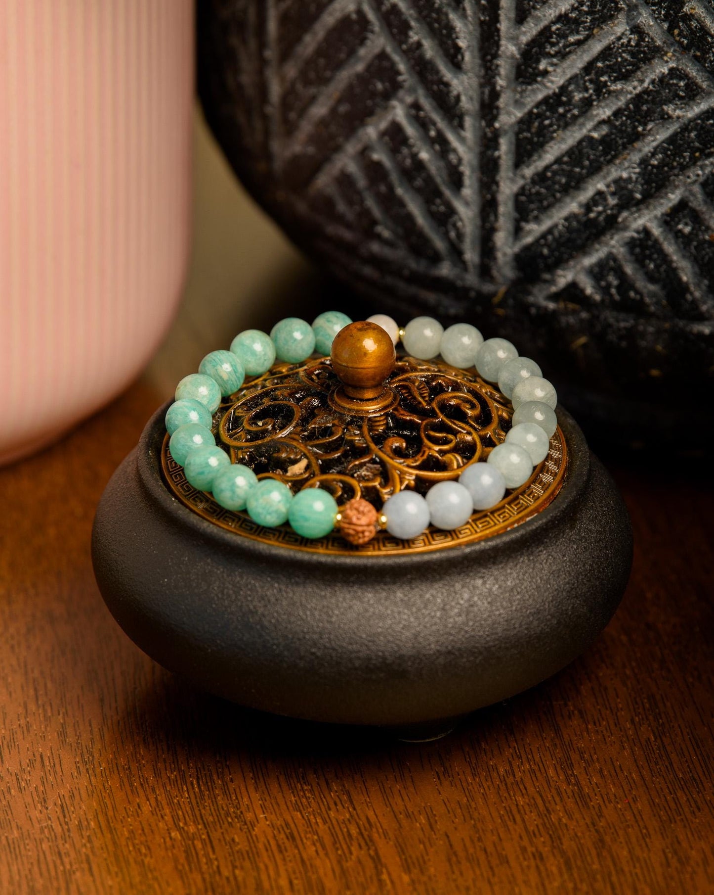 Reiki-Infused Amazonite & Aquamarine Wrist Mala Bracelet Spiritual Meditation Jewelry for Healing and Mindfulness