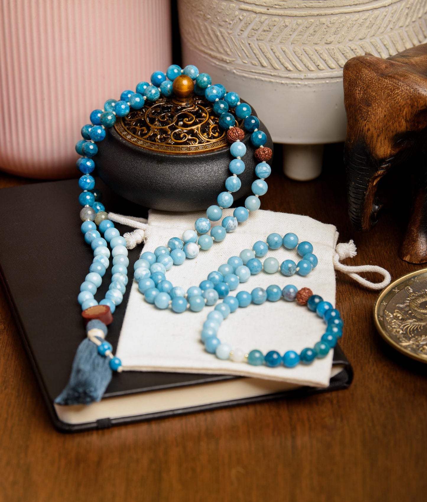 Larimar Mala with Apatite & Rudraksha 108-Bead Reiki-Infused Meditation Necklace with Bamboo Tassel for Spiritual Healing and Clarity