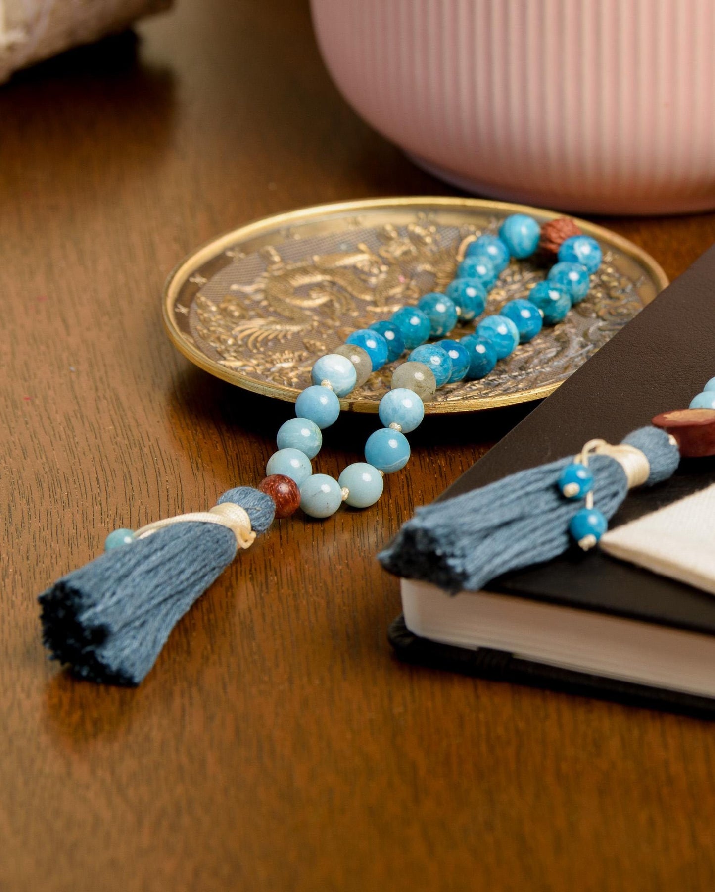 Larimar Mala with Apatite & Rudraksha 108-Bead Reiki-Infused Meditation Necklace with Bamboo Tassel for Spiritual Healing and Clarity
