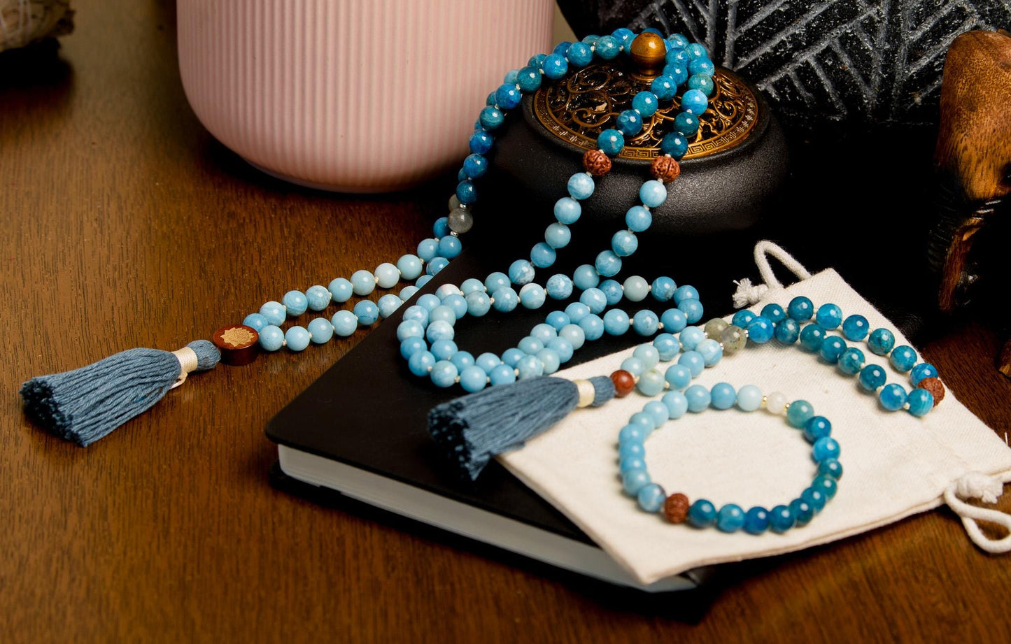 Larimar Mala with Apatite & Rudraksha 108-Bead Reiki-Infused Meditation Necklace with Bamboo Tassel for Spiritual Healing and Clarity