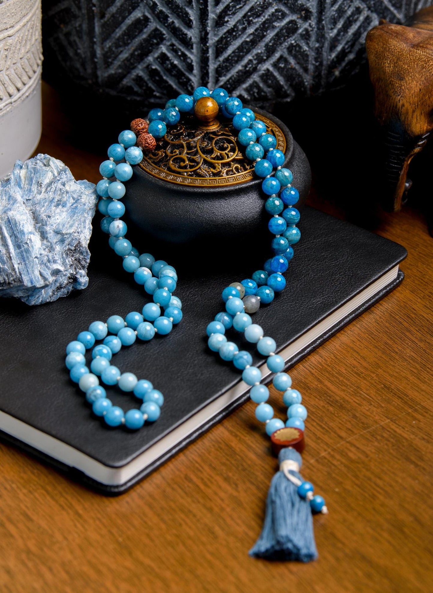 Larimar Mala with Apatite & Rudraksha 108-Bead Reiki-Infused Meditation Necklace with Bamboo Tassel for Spiritual Healing and Clarity