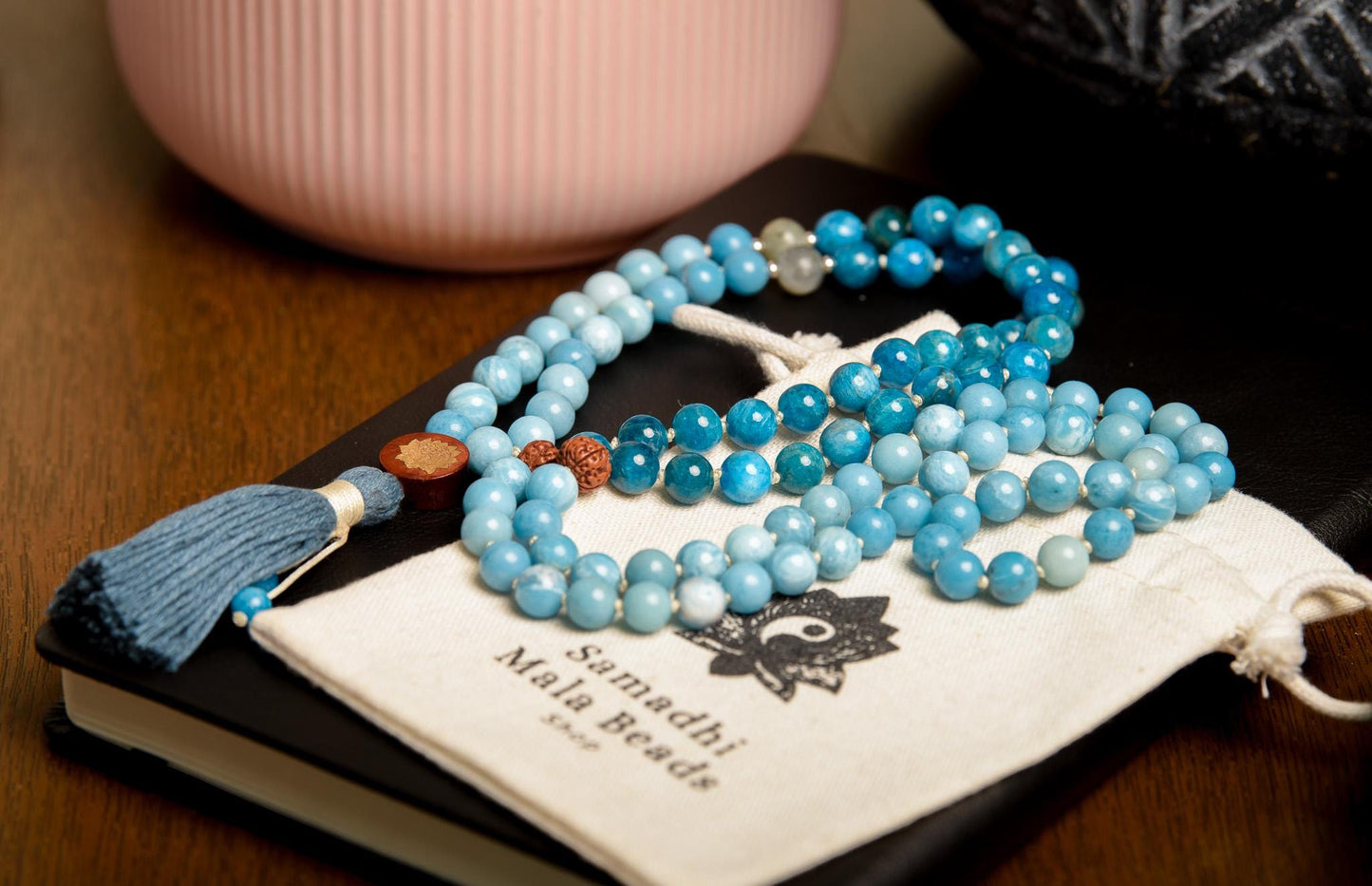 Larimar Mala with Apatite & Rudraksha 108-Bead Reiki-Infused Meditation Necklace with Bamboo Tassel for Spiritual Healing and Clarity