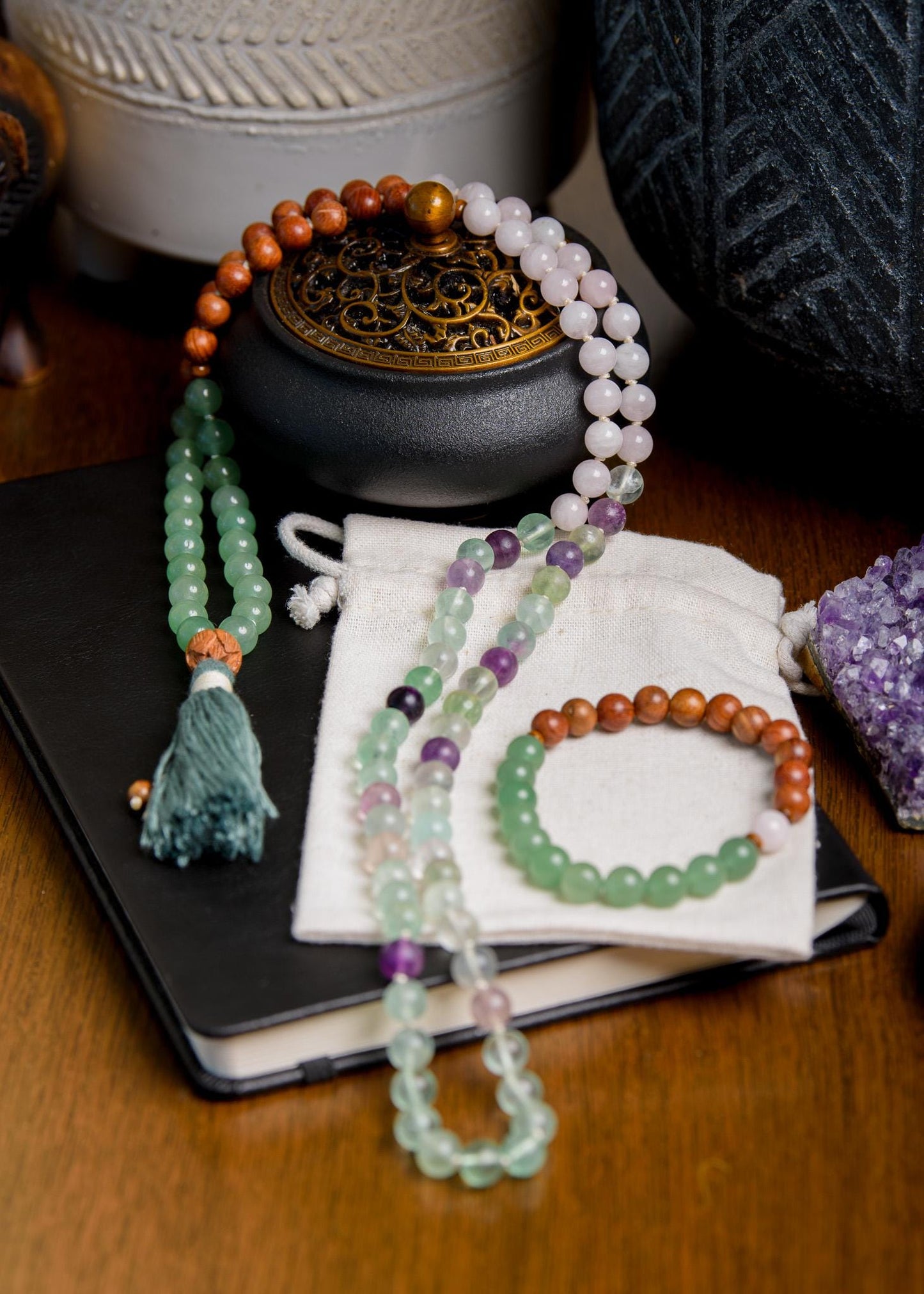 Fluorite, Green Aventurine, Rose Quartz & Sandalwood Mala 108 Bead Reiki-Infused Meditation Necklace for Healing and Intention Setting