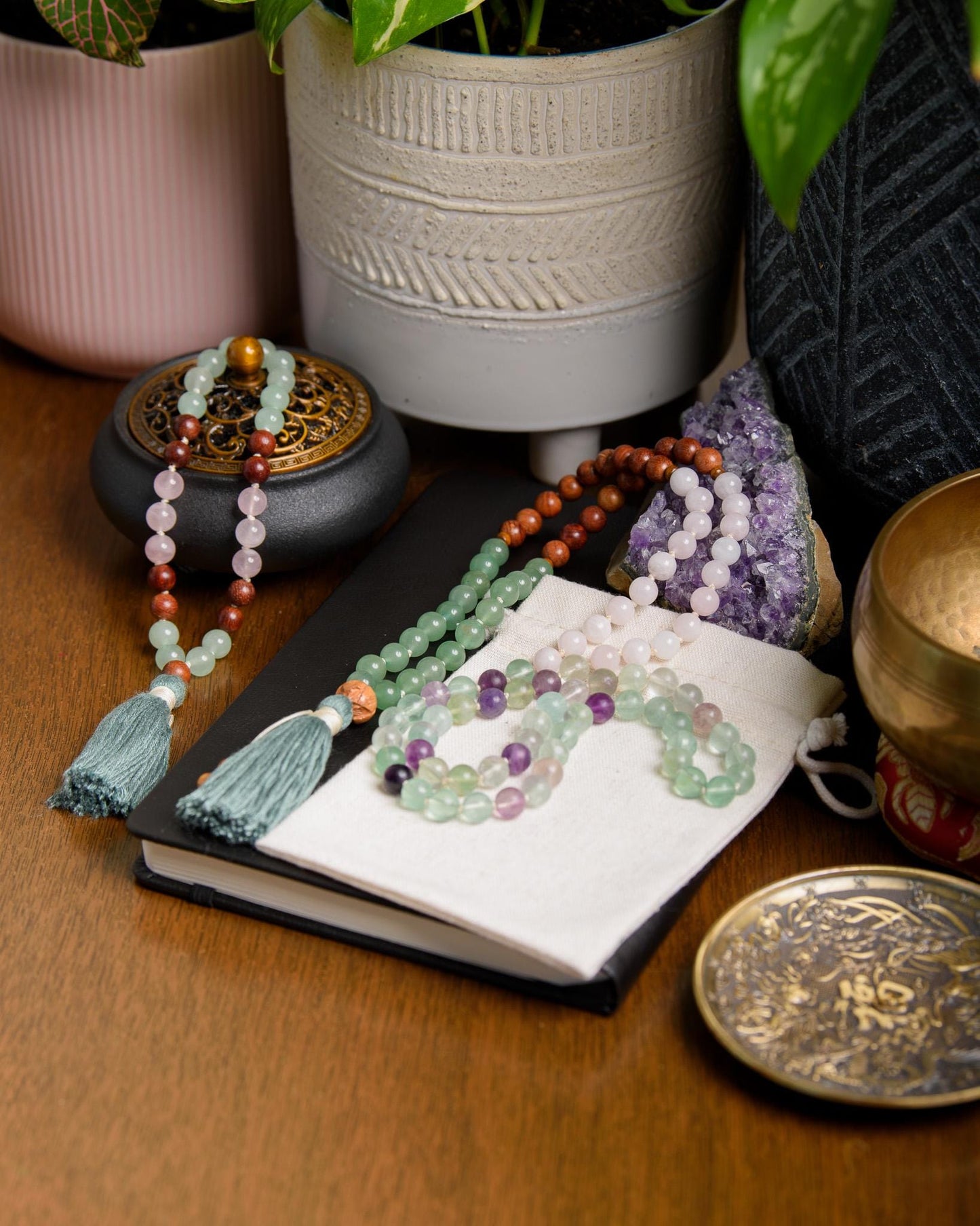 Fluorite, Green Aventurine, Rose Quartz & Sandalwood Mala 108 Bead Reiki-Infused Meditation Necklace for Healing and Intention Setting