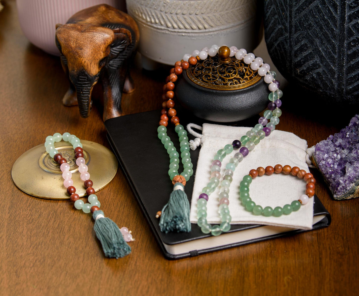 Fluorite, Green Aventurine, Rose Quartz & Sandalwood Mala 108 Bead Reiki-Infused Meditation Necklace for Healing and Intention Setting
