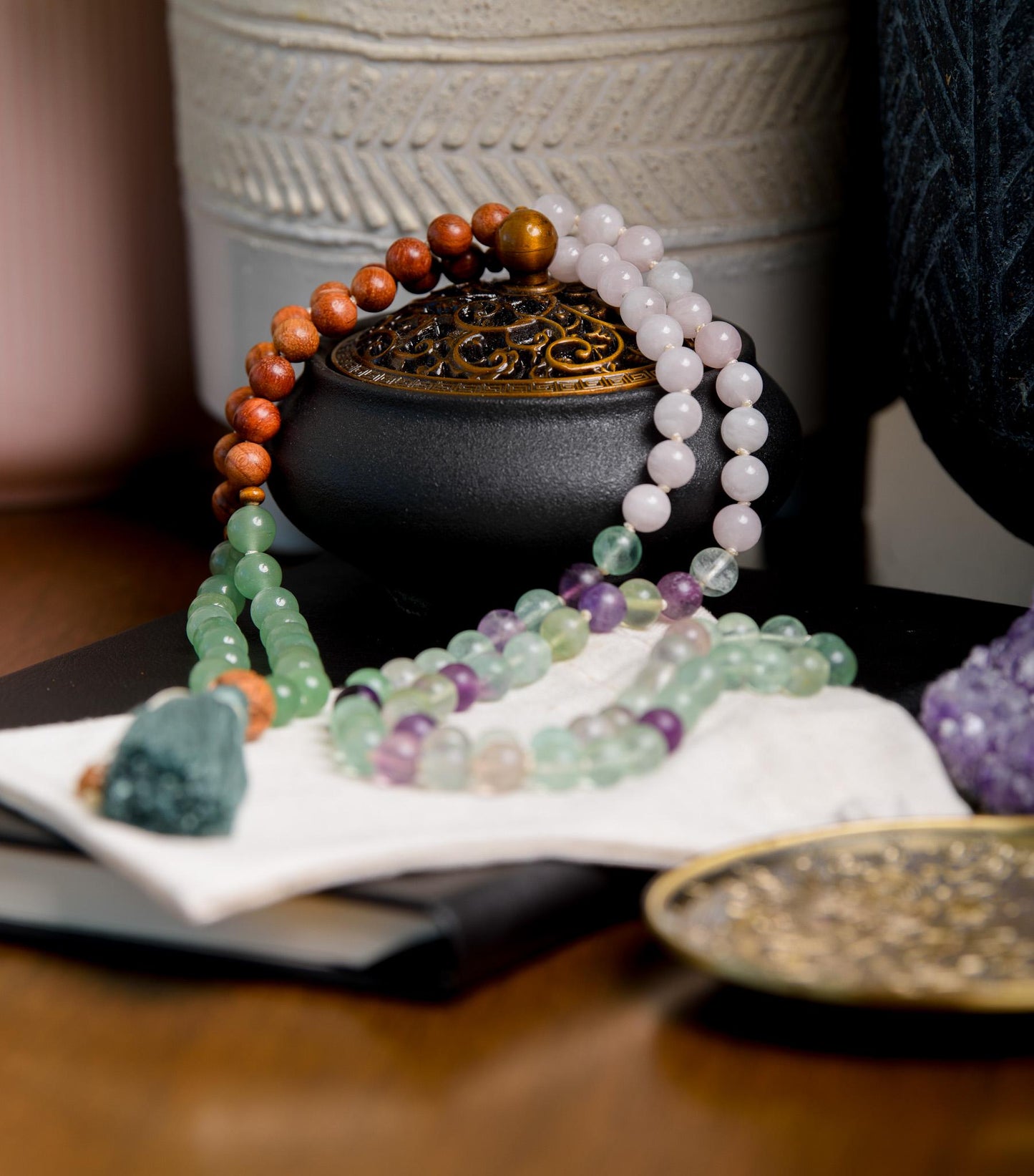 Fluorite, Green Aventurine, Rose Quartz & Sandalwood Mala 108 Bead Reiki-Infused Meditation Necklace for Healing and Intention Setting