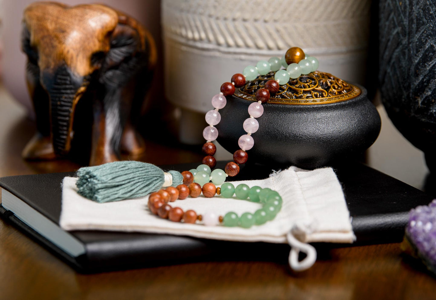 Sandalwood, Green Aventurine & Rose Quartz Mala Set 27-Bead Pocket Mala and Wrist Bracelet for Meditation, Healing and Mindfulness