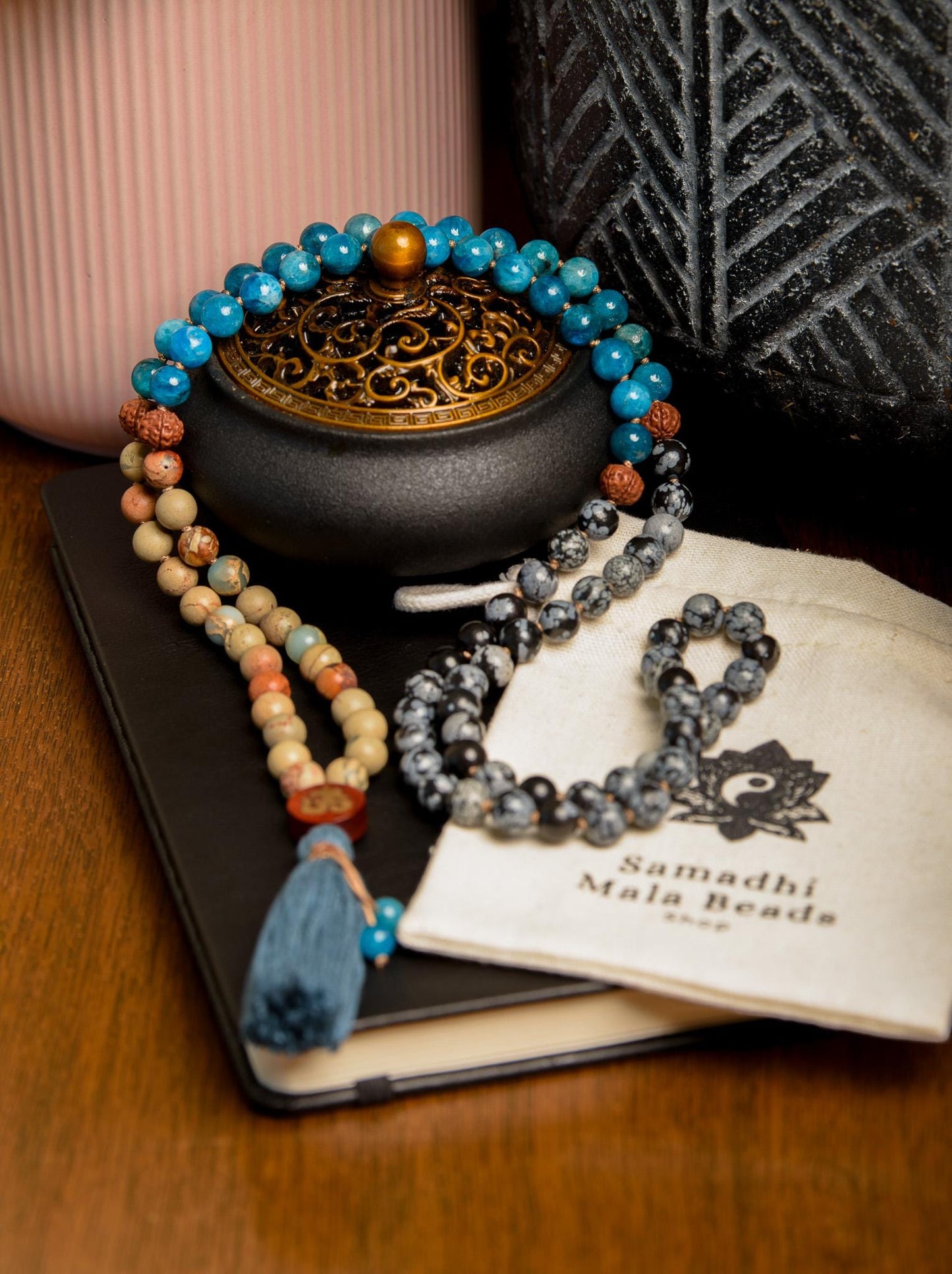 Snowflake Obsidian Mala 108-Bead Reiki-Infused Meditation Necklace with Apatite & Rudraksha for Spiritual Healing