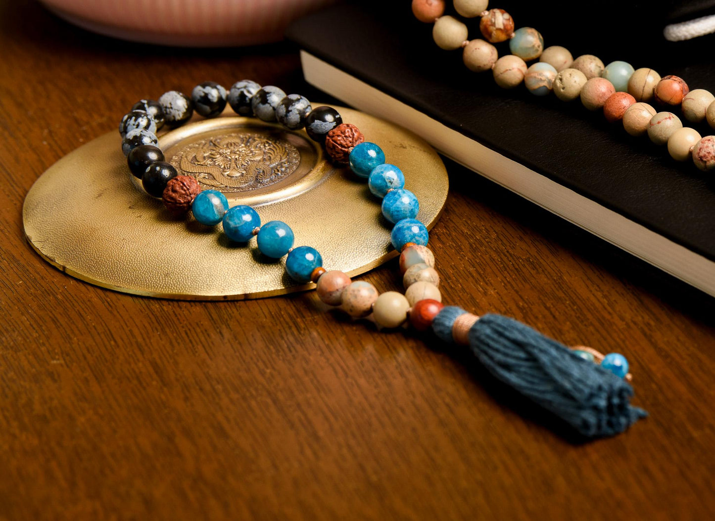 Snowflake Obsidian Mala 108-Bead Reiki-Infused Meditation Necklace with Apatite & Rudraksha for Spiritual Healing
