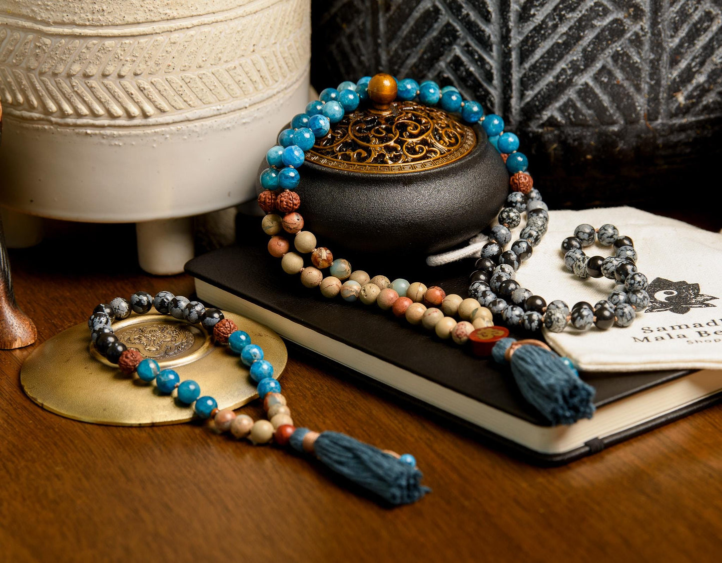 Snowflake Obsidian Mala 108-Bead Reiki-Infused Meditation Necklace with Apatite & Rudraksha for Spiritual Healing