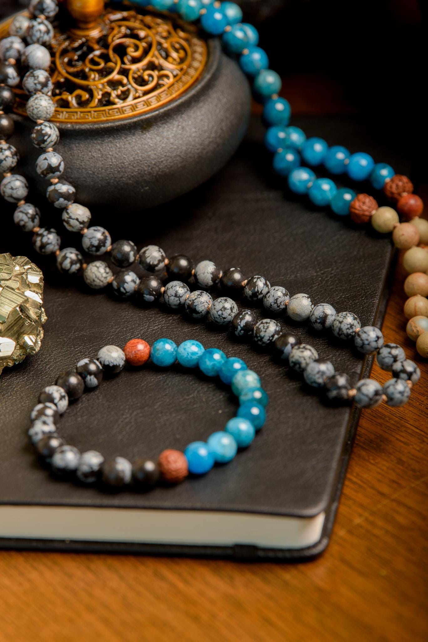 Snowflake Obsidian Mala 108-Bead Reiki-Infused Meditation Necklace with Apatite & Rudraksha for Spiritual Healing