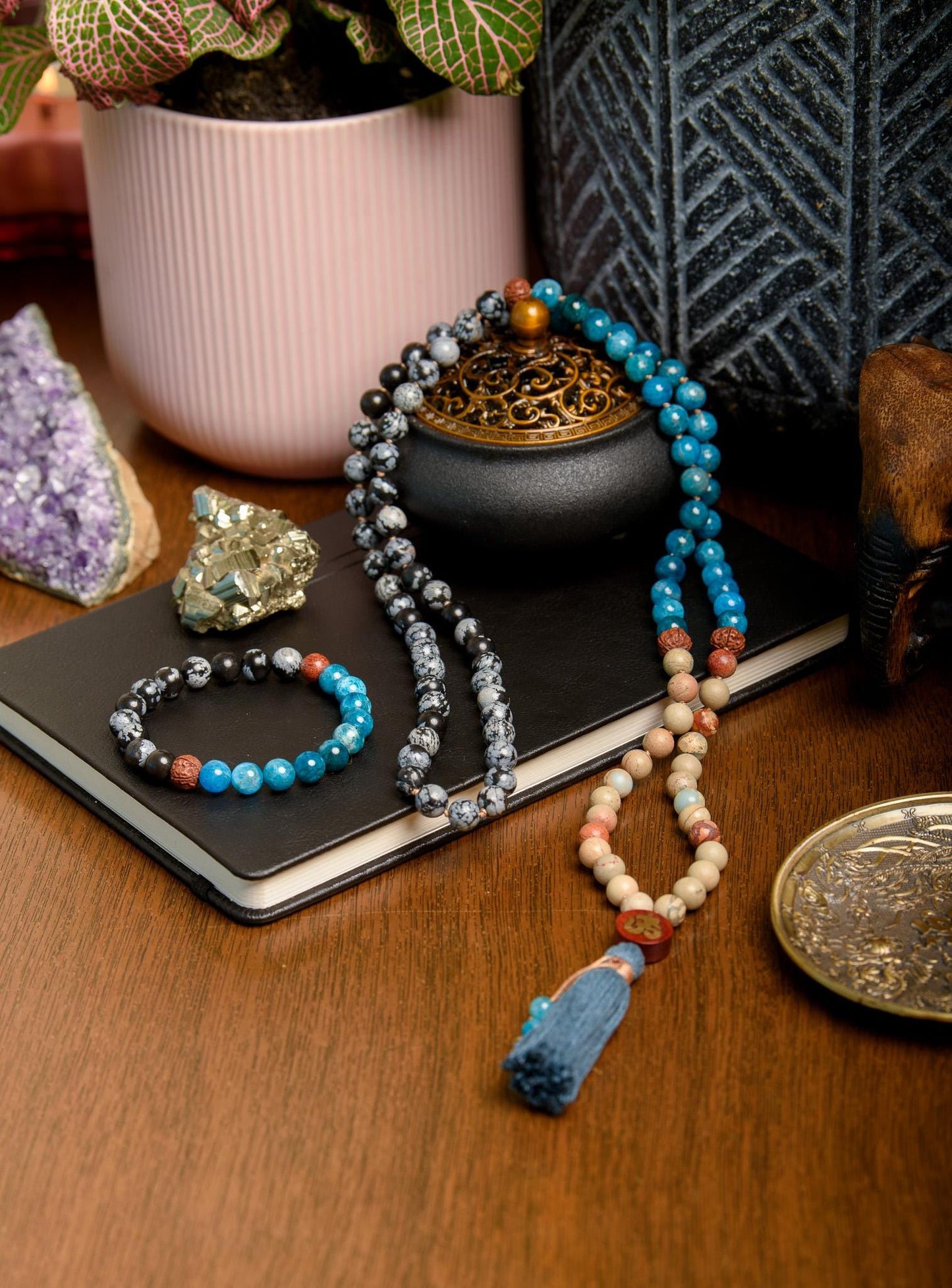 Snowflake Obsidian Mala 108-Bead Reiki-Infused Meditation Necklace with Apatite & Rudraksha for Spiritual Healing