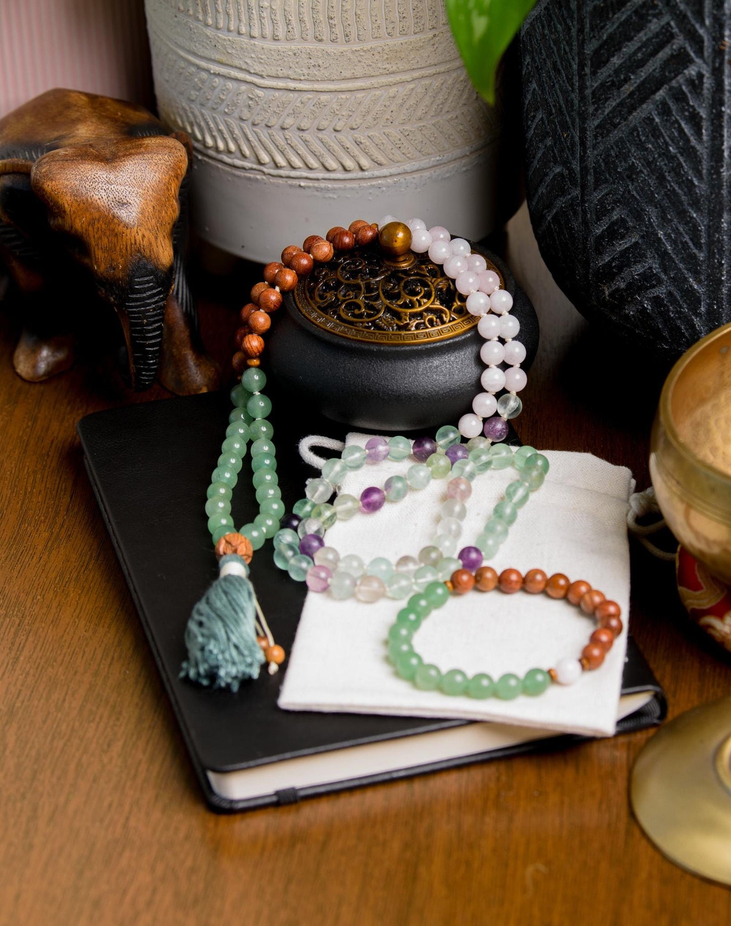 Fluorite, Green Aventurine, Rose Quartz & Sandalwood Mala 108 Bead Reiki-Infused Meditation Necklace for Healing and Intention Setting