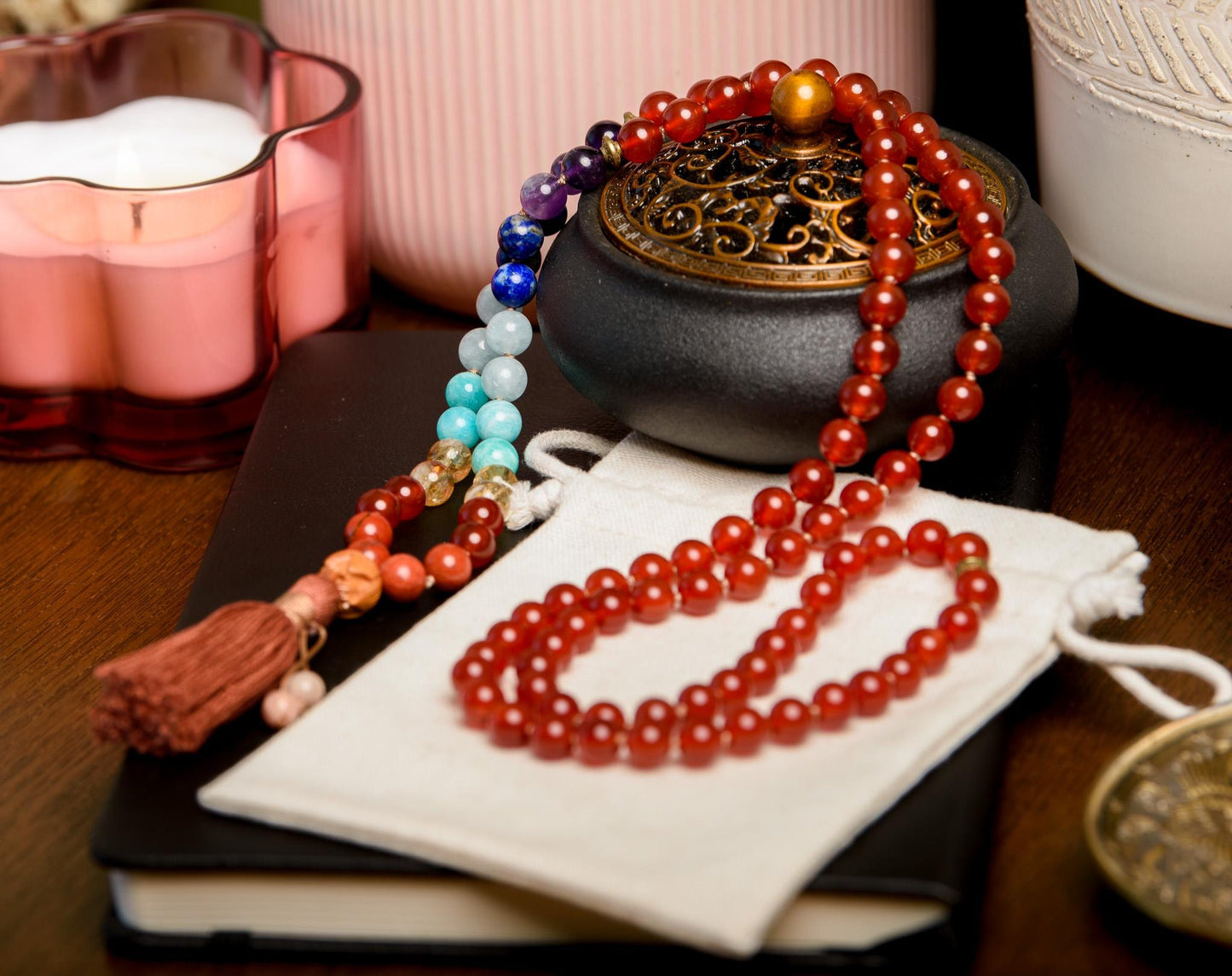 Carnelian & 7 Chakras Mala Beads 108 Reiki Infused Meditation Necklace for Chakra Alignment and Spiritual Healing
