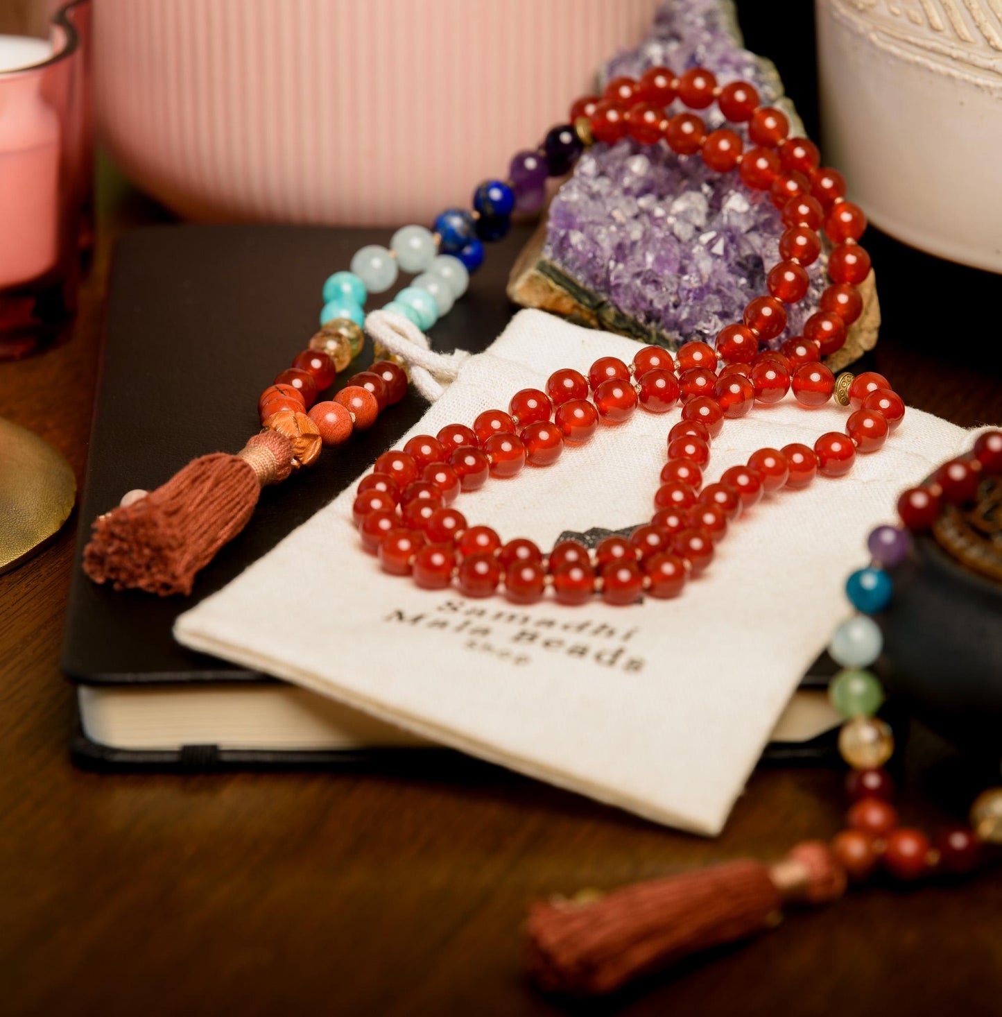 Carnelian & 7 Chakras Mala Beads 108 Reiki Infused Meditation Necklace for Chakra Alignment and Spiritual Healing