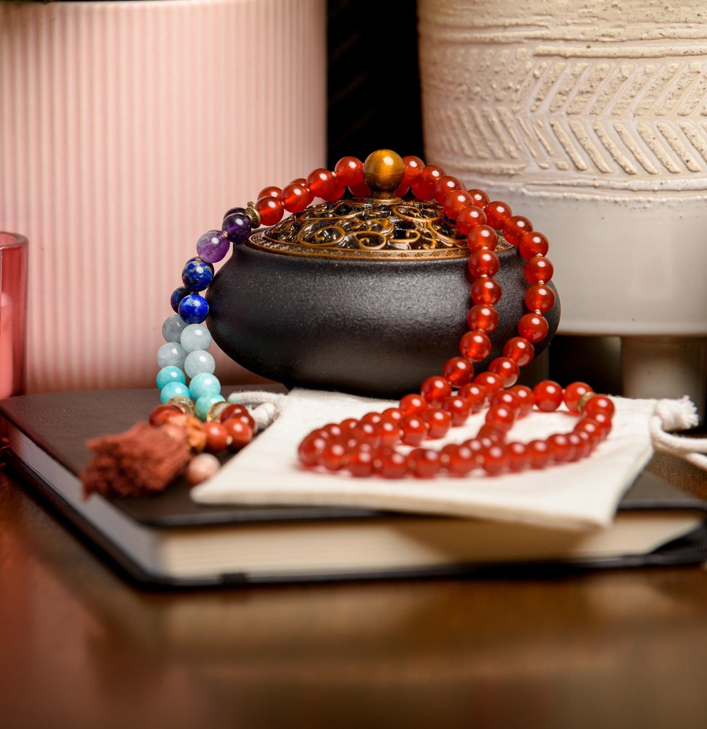 Carnelian & 7 Chakras Mala Beads 108 Reiki Infused Meditation Necklace for Chakra Alignment and Spiritual Healing