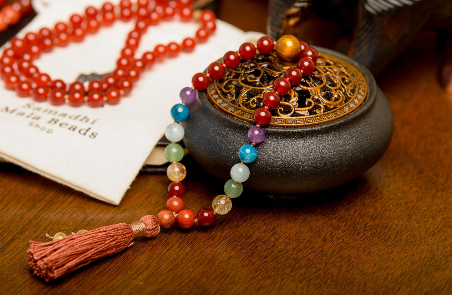 Carnelian & 7 Chakras Mala Beads 108 Reiki Infused Meditation Necklace for Chakra Alignment and Spiritual Healing