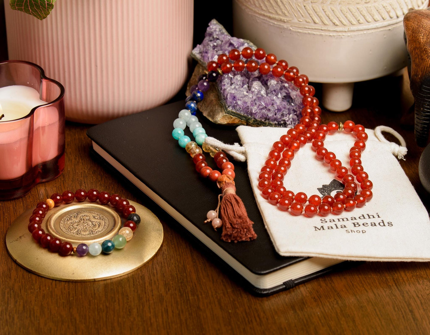 Carnelian & 7 Chakras Mala Beads 108 Reiki Infused Meditation Necklace for Chakra Alignment and Spiritual Healing