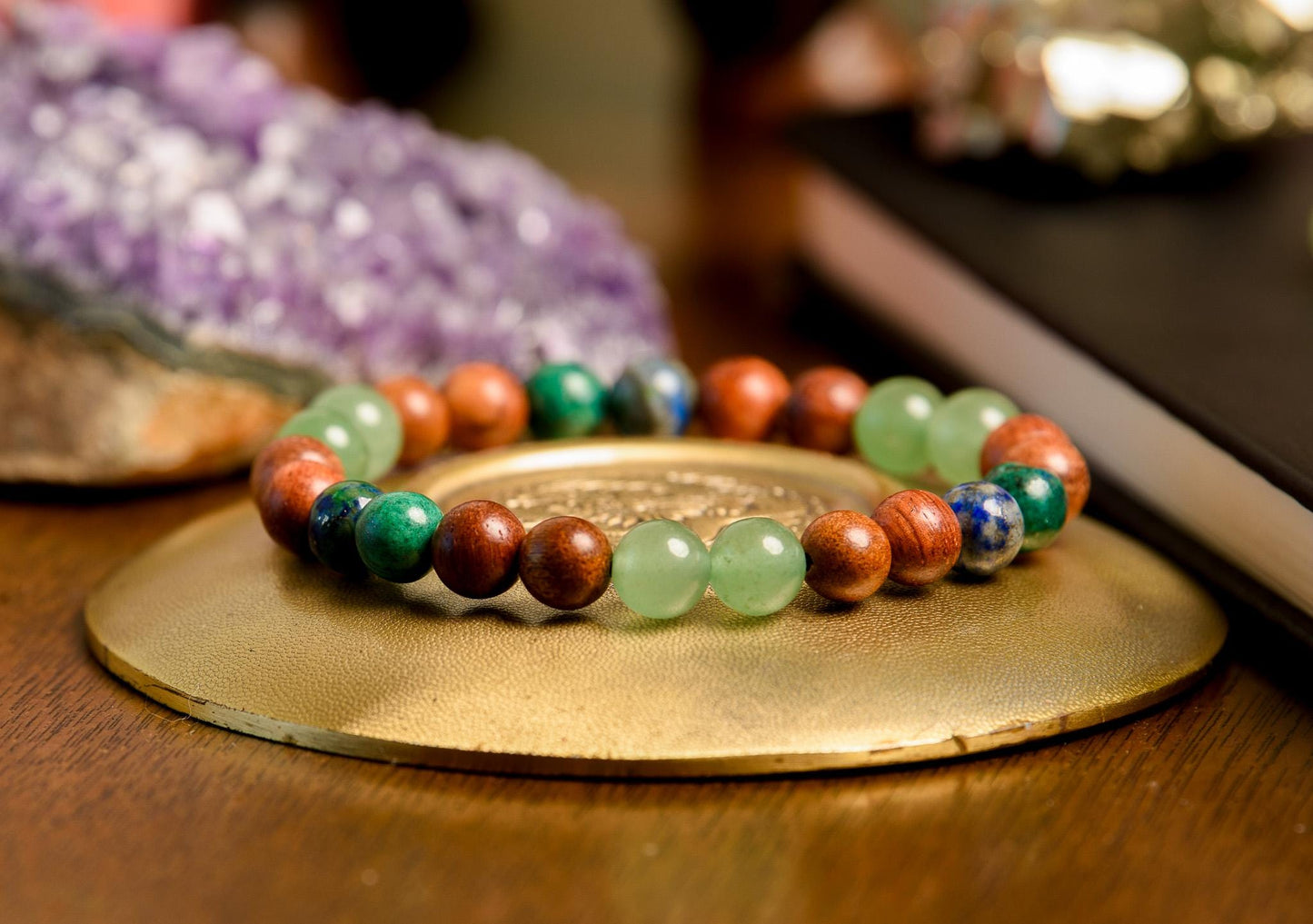 Green Aventurine, Sandalwood & Azurite Mala 108 Bead Reiki-Infused Meditation Necklace for Healing, Mindfulness and Intention Setting