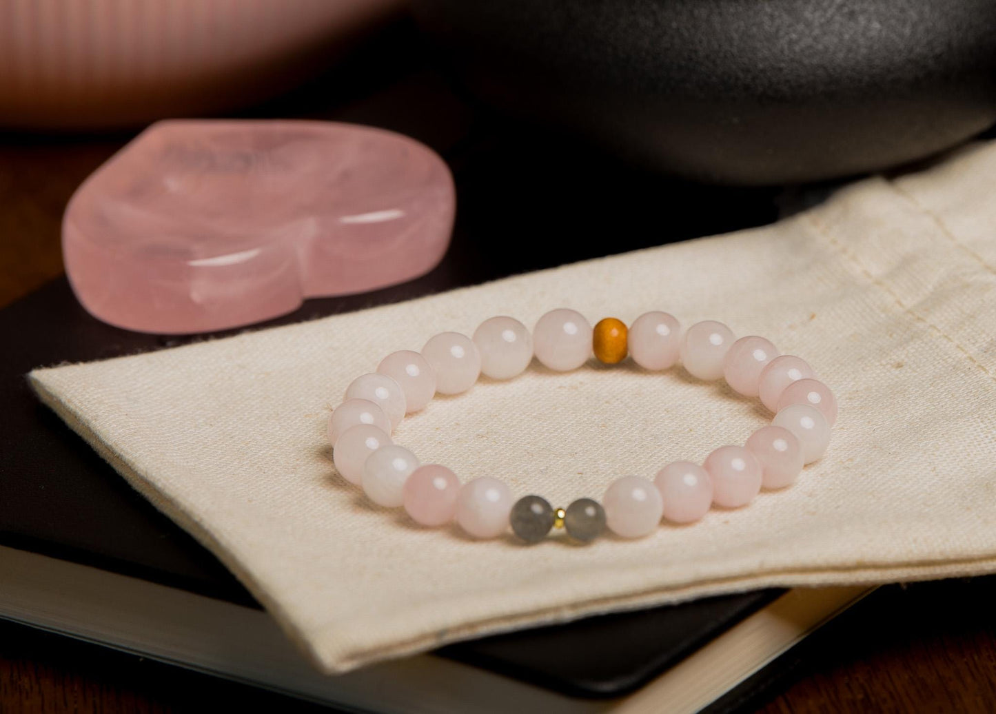 Pocket Mala and Wrist Mala Bracelet Set, Labradorite, Strawberry and Rose Quartz, Meditation Jewelry for Healing, Love and Transformation