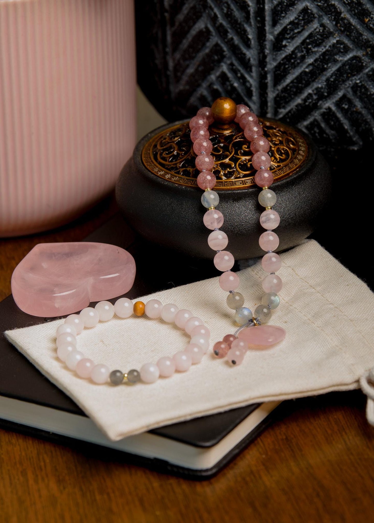 Pocket Mala and Wrist Mala Bracelet Set, Labradorite, Strawberry and Rose Quartz, Meditation Jewelry for Healing, Love and Transformation