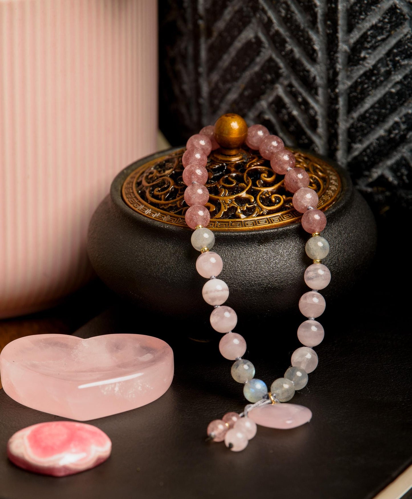 Pocket Mala and Wrist Mala Bracelet Set, Labradorite, Strawberry and Rose Quartz, Meditation Jewelry for Healing, Love and Transformation