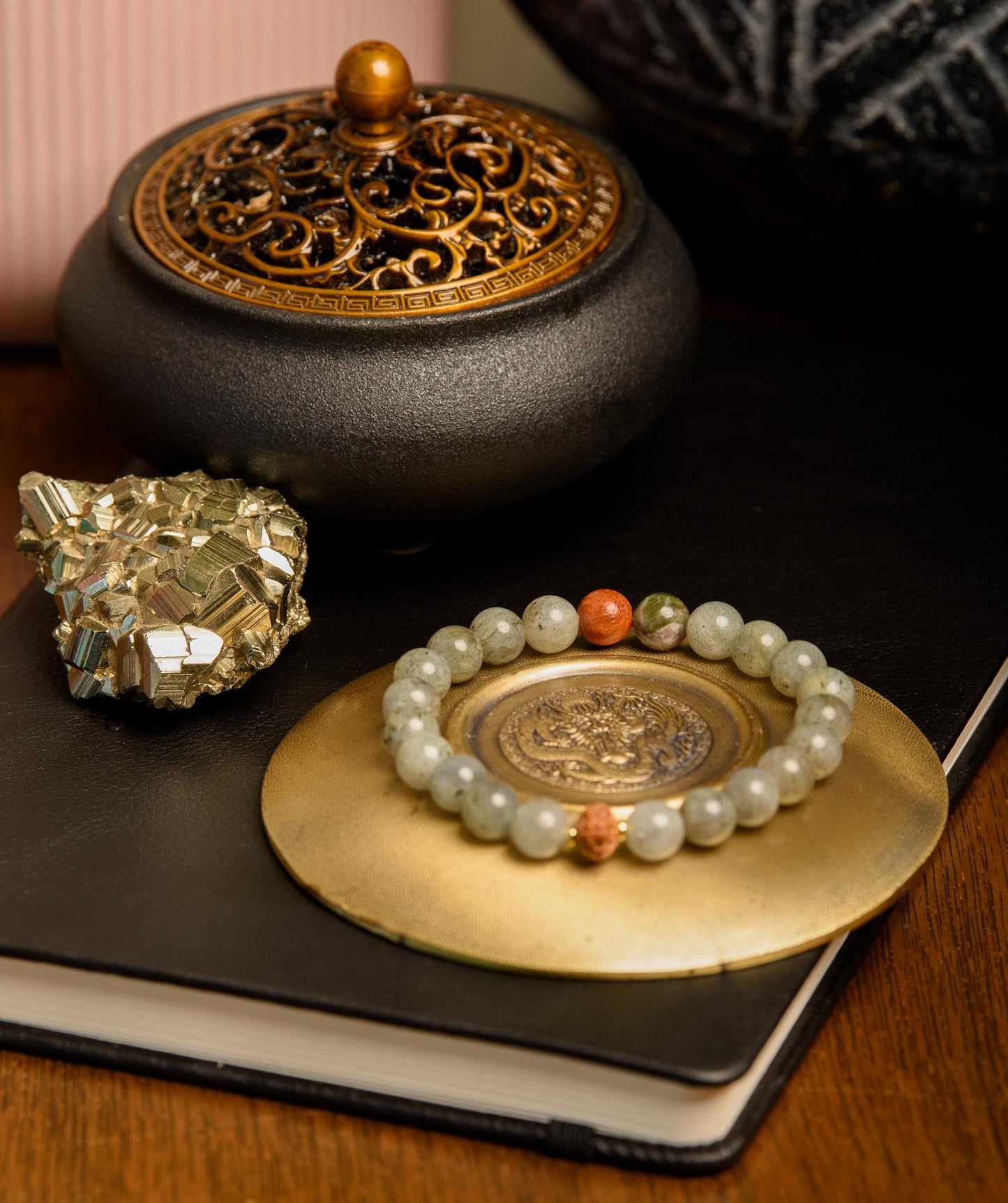 Pocket Mala and Wrist Mala Bracelet Set, Labradorite, Strawberry and Rose Quartz, Meditation Jewelry for Healing, Love and Transformation