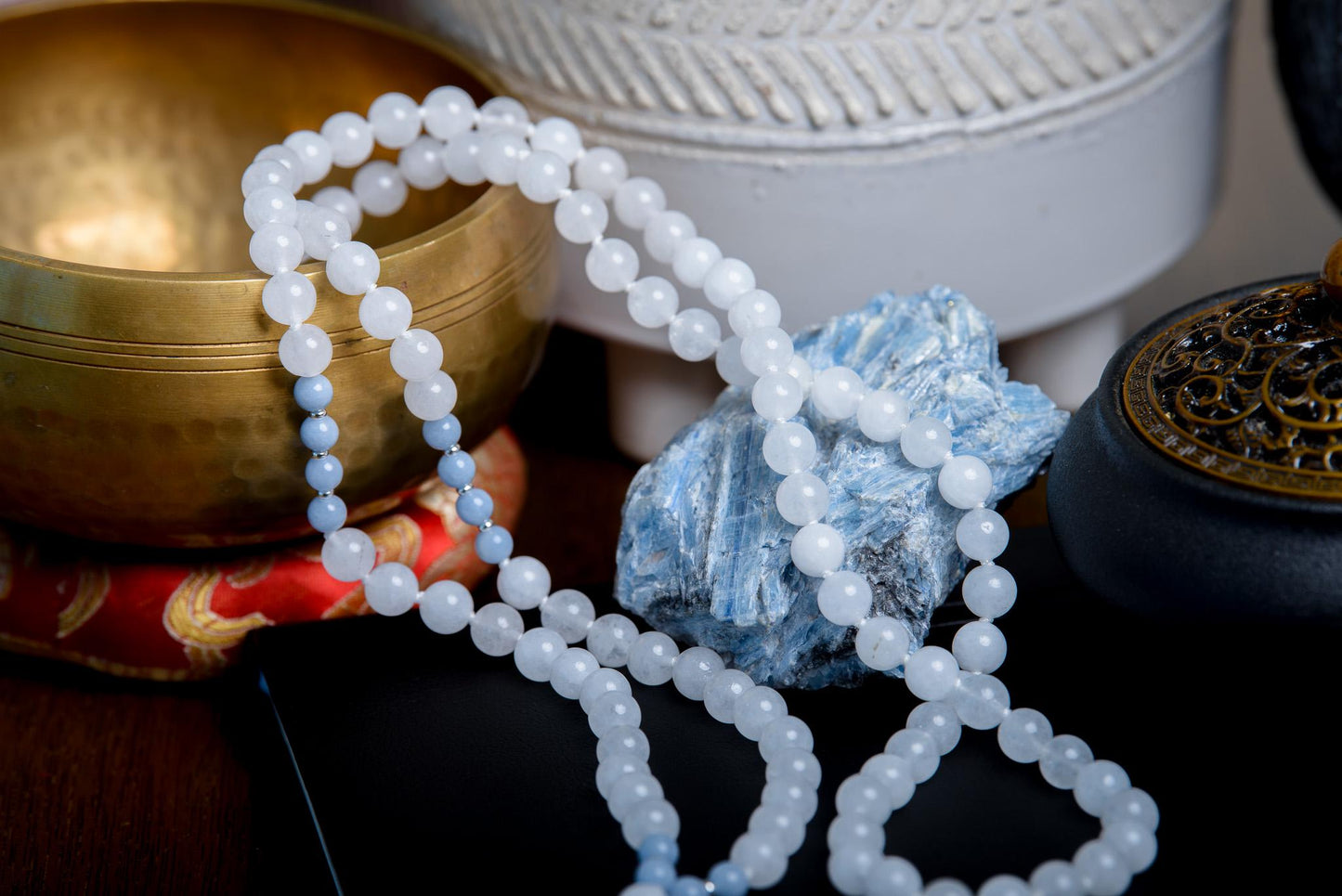 White Jade & Angelite Mala Necklace 108 Beads for Spiritual Healing and Inner Peace, Meditation Beads