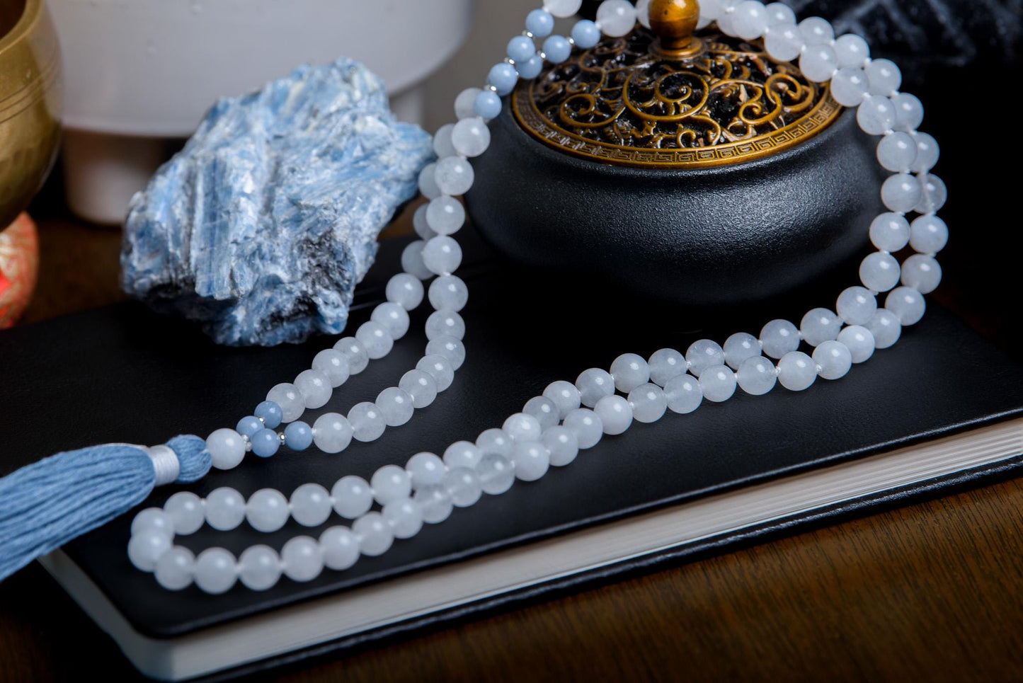 White Jade & Angelite Mala Necklace 108 Beads for Spiritual Healing and Inner Peace, Meditation Beads
