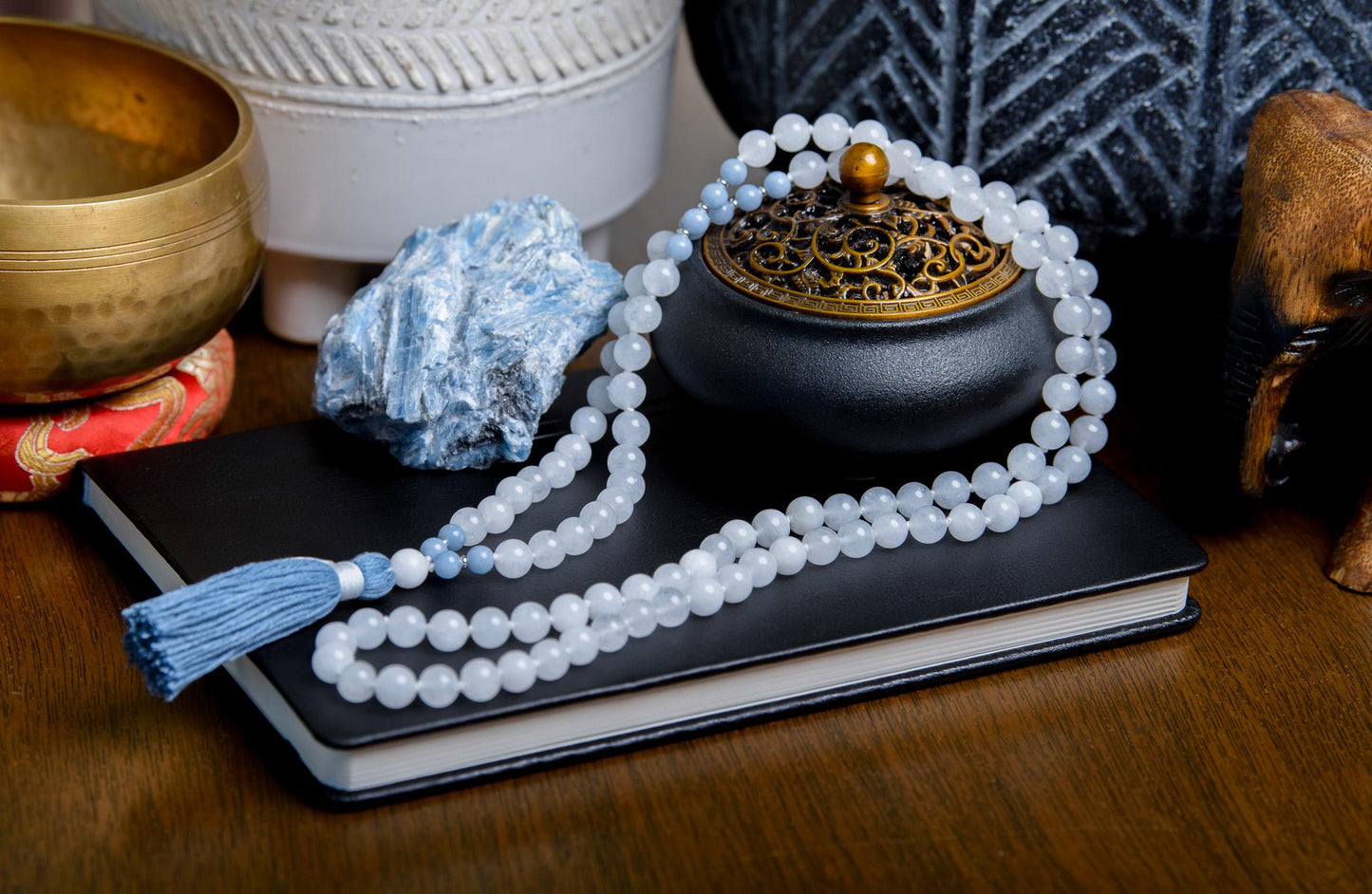 White Jade & Angelite Mala Necklace 108 Beads for Spiritual Healing and Inner Peace, Meditation Beads