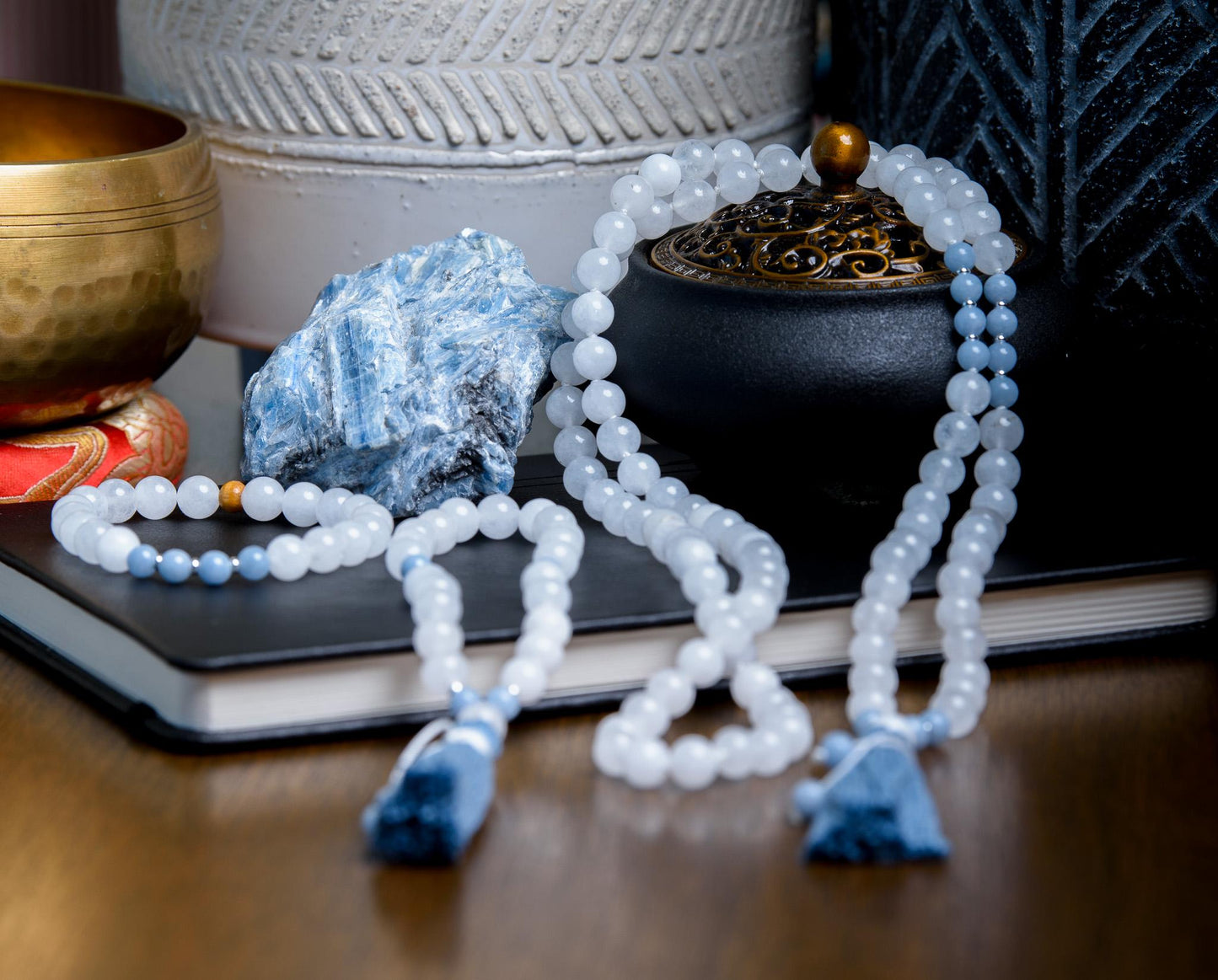 White Jade & Angelite Mala Necklace 108 Beads for Spiritual Healing and Inner Peace, Meditation Beads