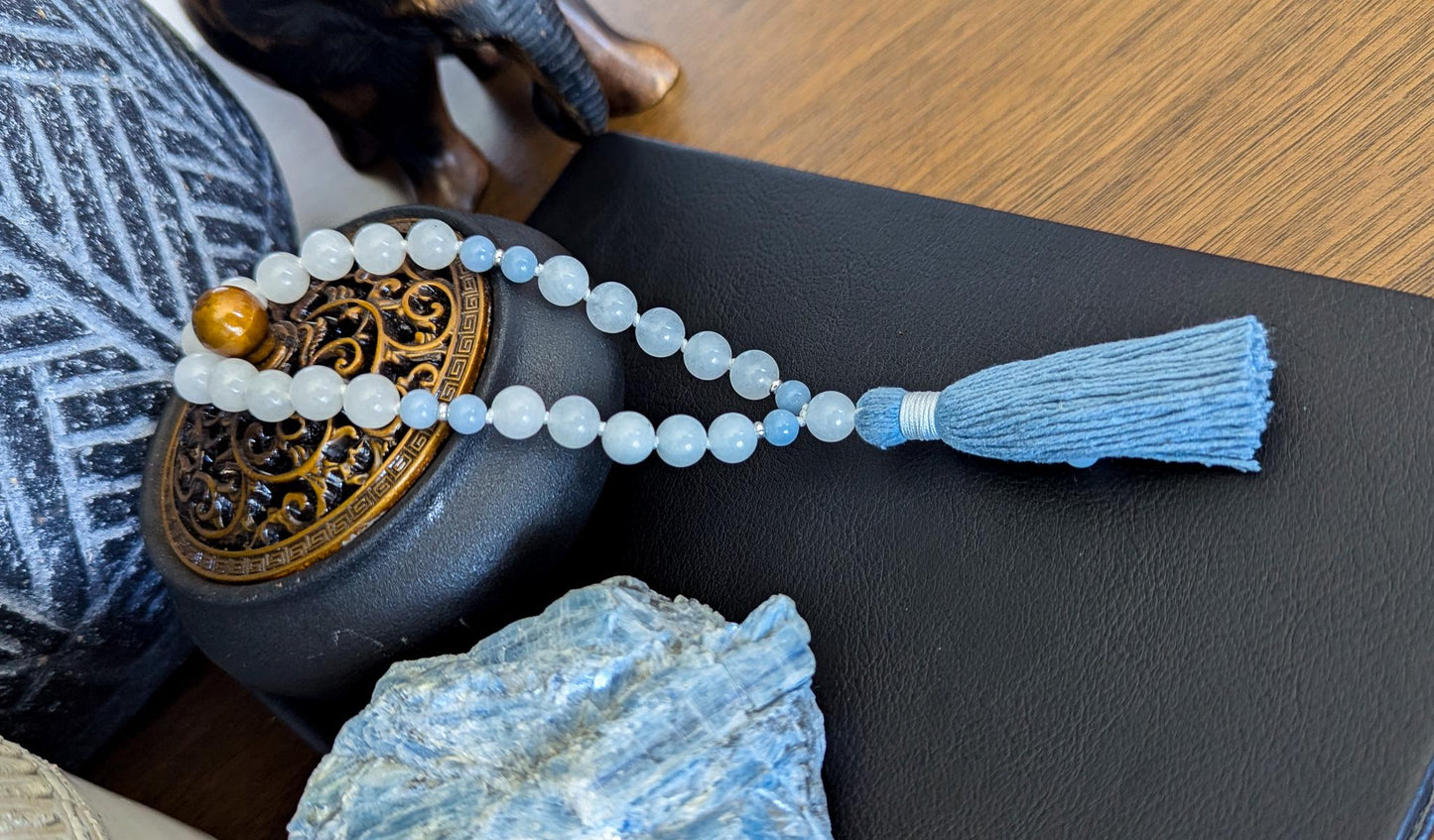 White Jade & Angelite Mala Necklace 108 Beads for Spiritual Healing and Inner Peace, Meditation Beads