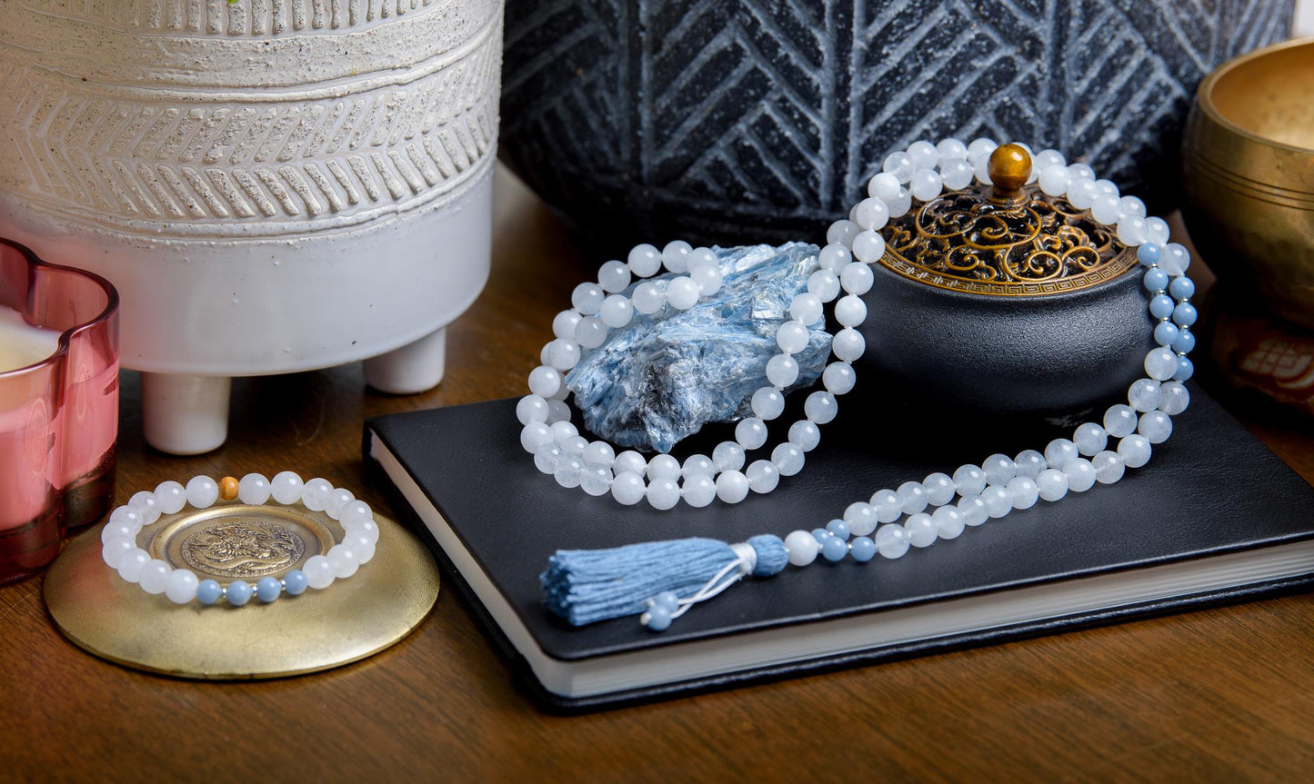 White Jade & Angelite Mala Necklace 108 Beads for Spiritual Healing and Inner Peace, Meditation Beads