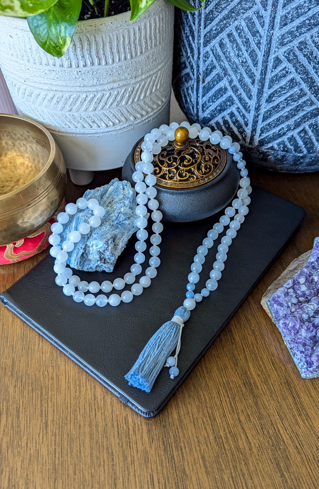 White Jade & Angelite Mala Necklace 108 Beads for Spiritual Healing and Inner Peace, Meditation Beads