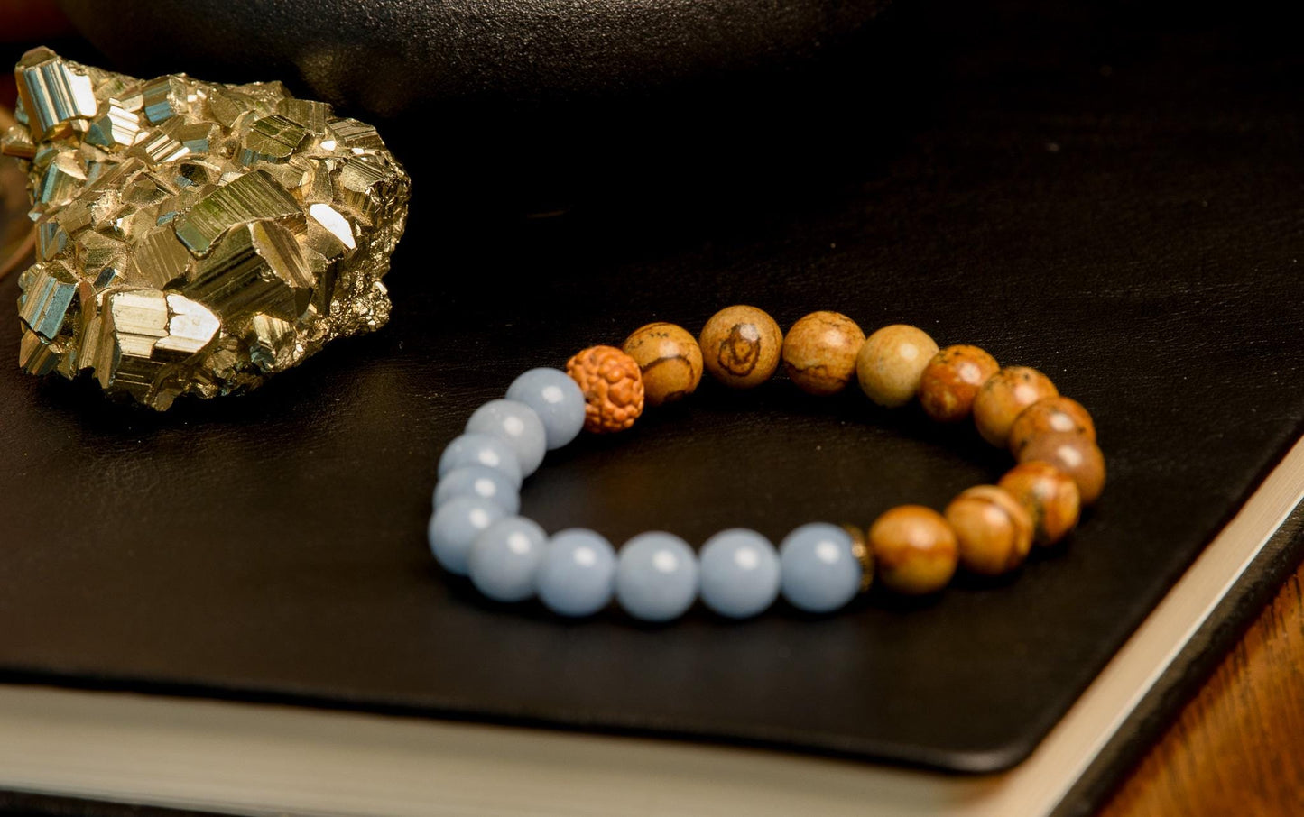 Angelite & Picture Jasper Wrist Mala Bracelet Reiki-Infused for Inner Peace and Grounding