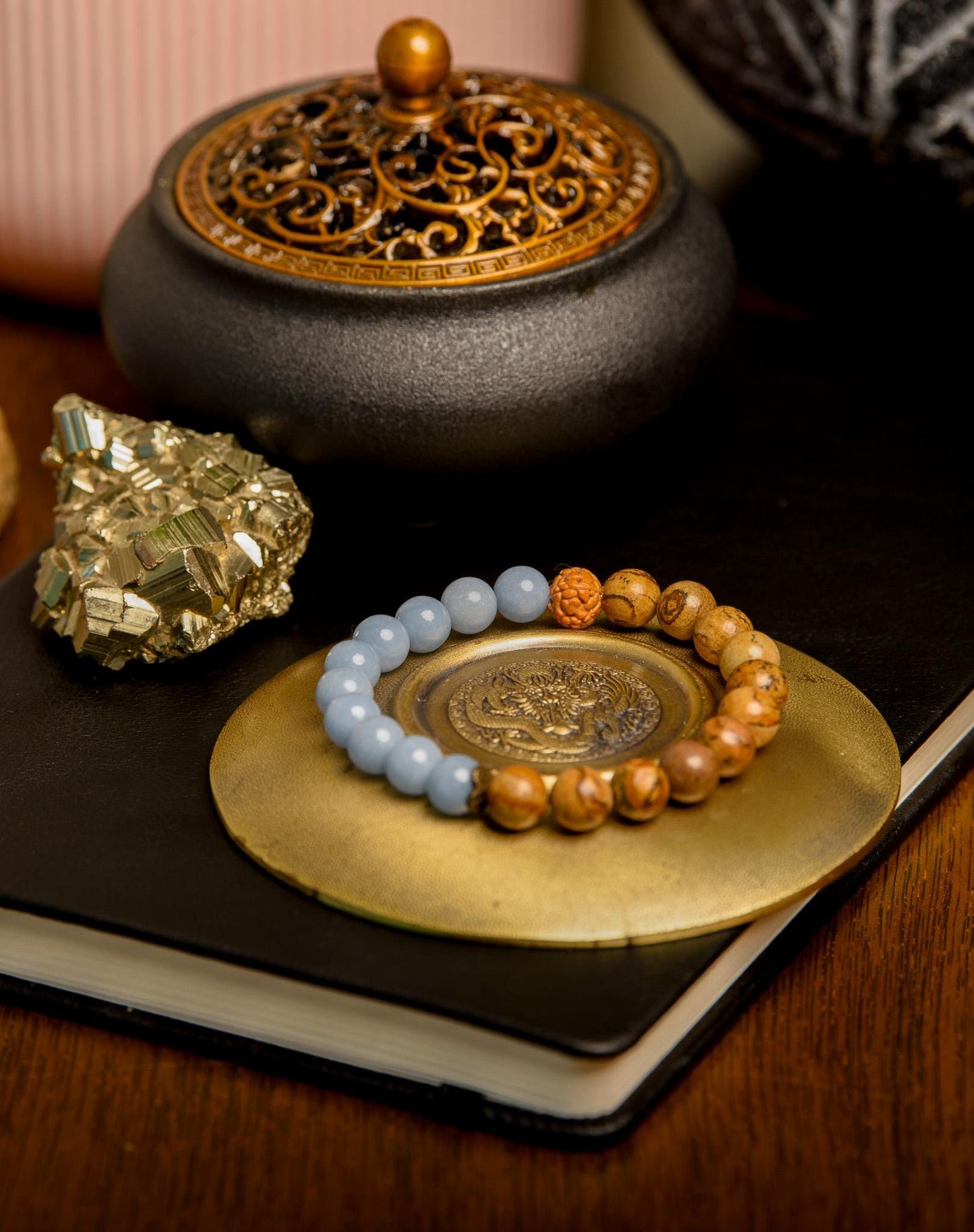 Angelite & Picture Jasper Wrist Mala Bracelet Reiki-Infused for Inner Peace and Grounding