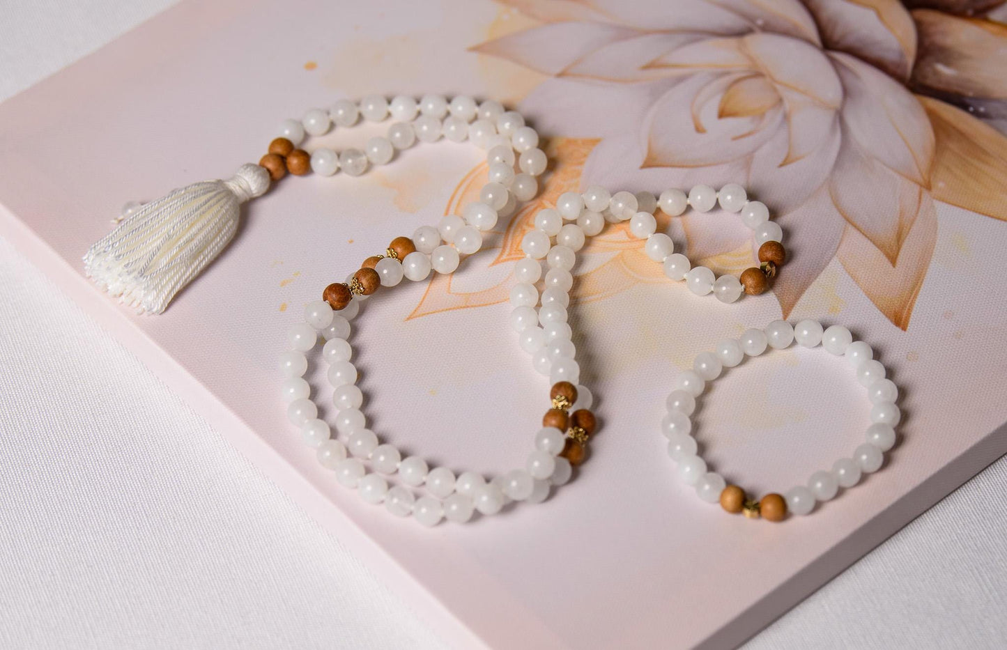 White Jade & Tulsi Wood Mala Beads, 108 Beads Meditation Necklace, Reiki Infused Japa Mala for Prayer