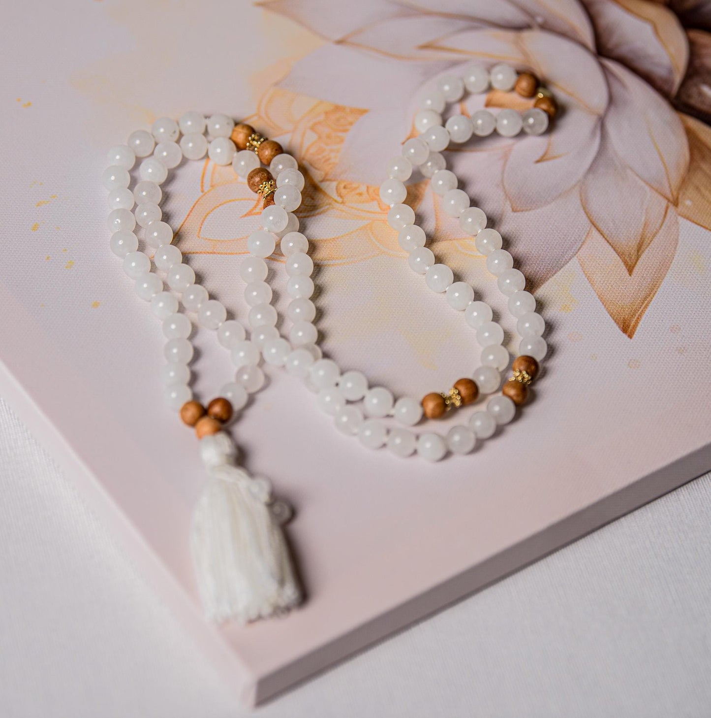 White Jade & Tulsi Wood Mala Beads, 108 Beads Meditation Necklace, Reiki Infused Japa Mala for Prayer