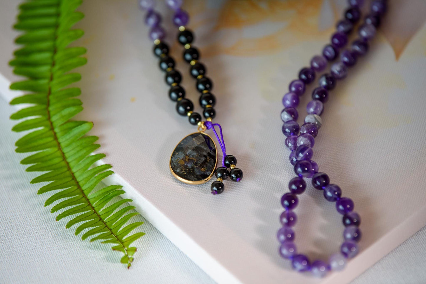 Amethyst & Tourmaline Mala Beads 108 Reiki-Infused Meditation Necklace with Tourmaline Pendant