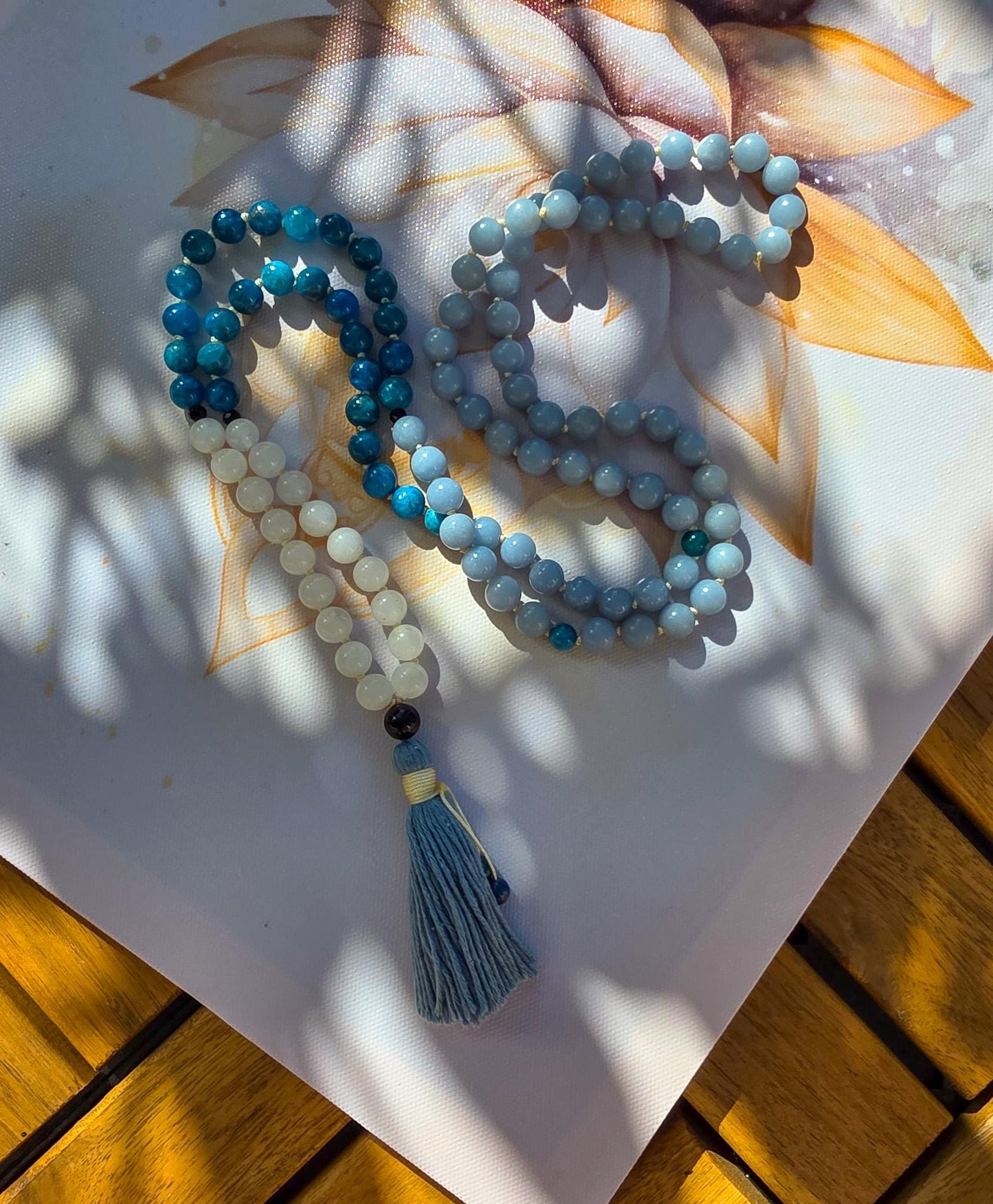 Angelite, Apatite & White Jade Japa Mala 108 Reiki-Charged Beads | Handmade Meditation Necklace for Healing