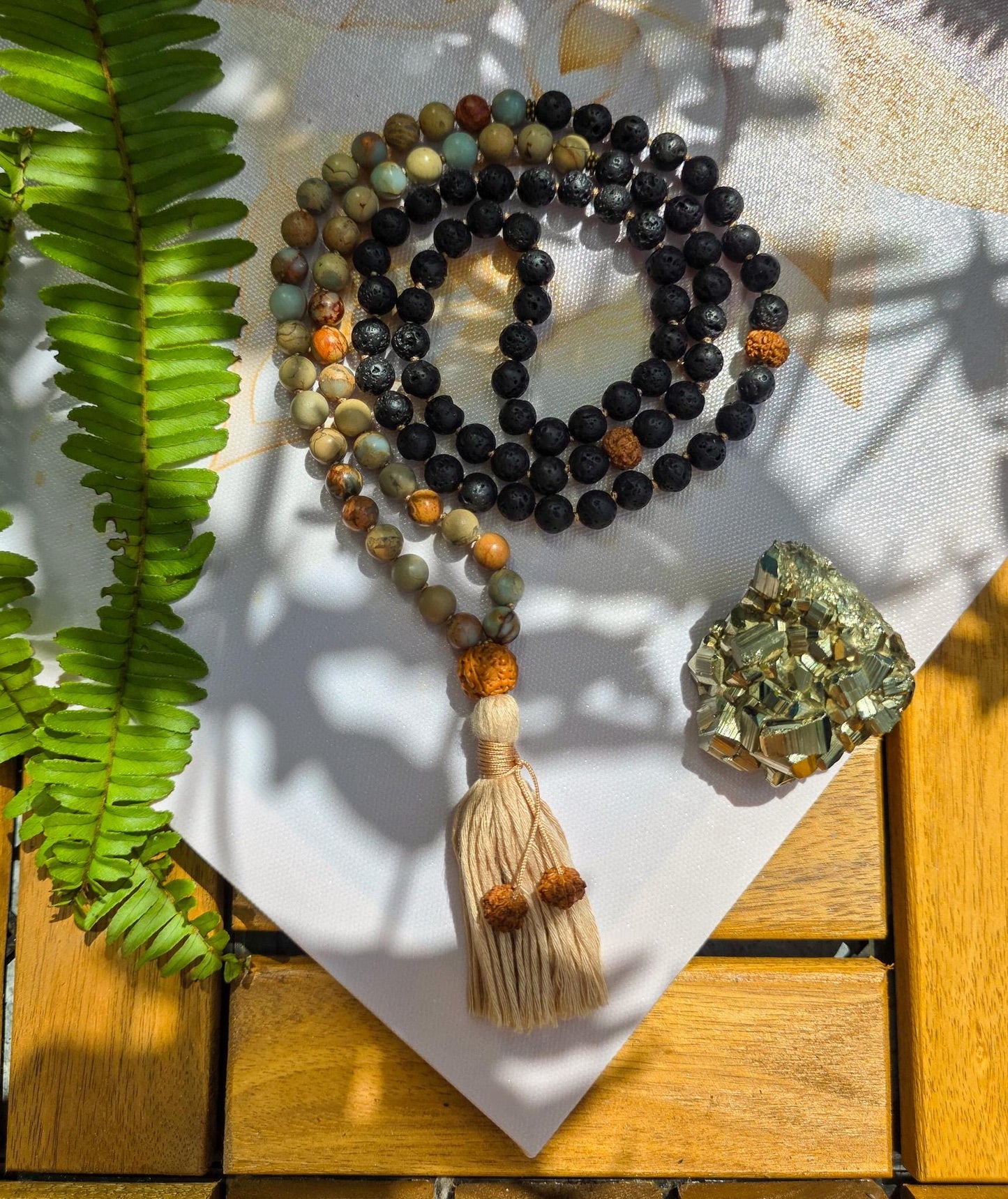 Lava Rock & Serpentine Mala Beads 108 Hand-Knotted Reiki-Infused Meditation Necklace with Bamboo Tassel